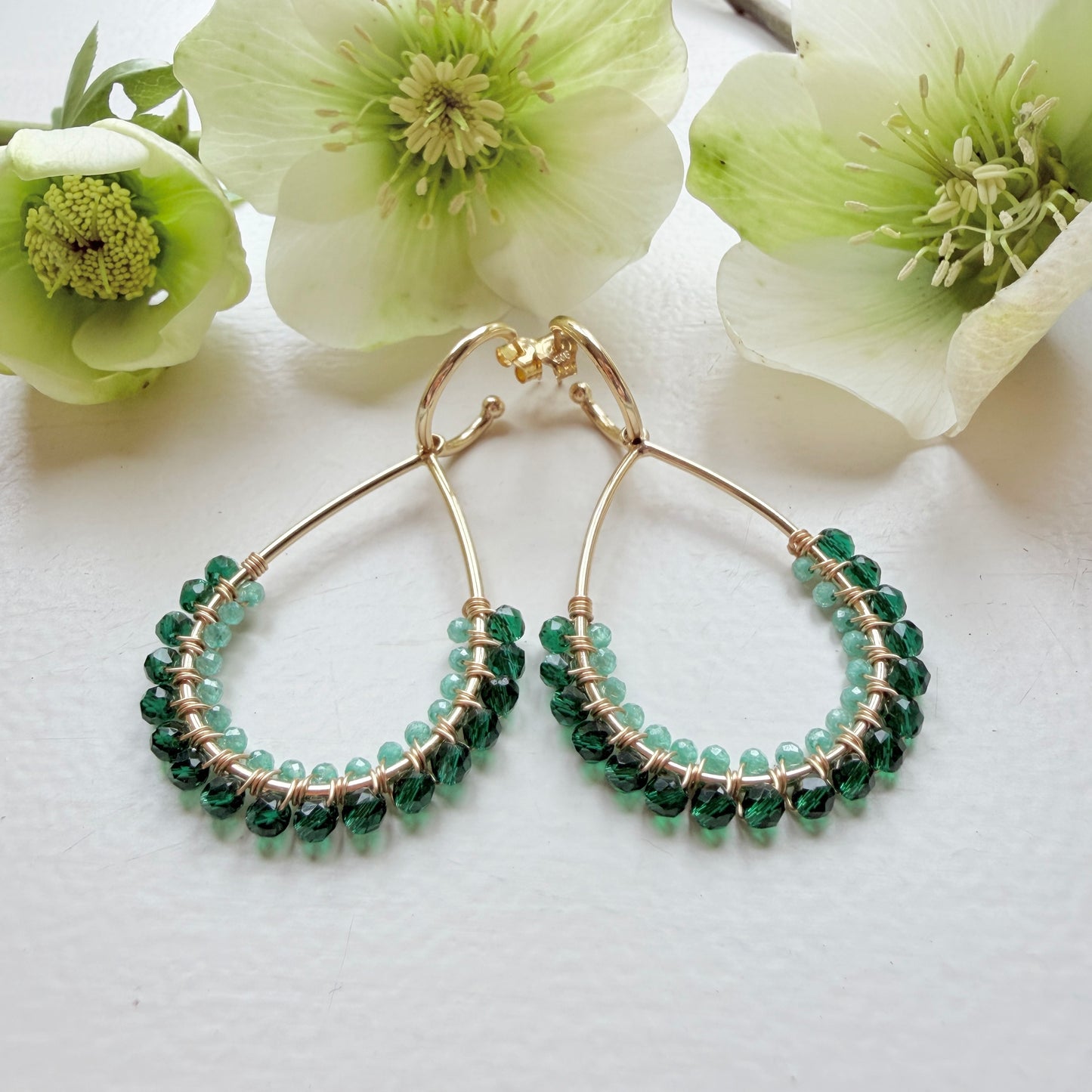 Emerald Green & Mint Jade 1/2 Teardrop Earrings On Hoops
