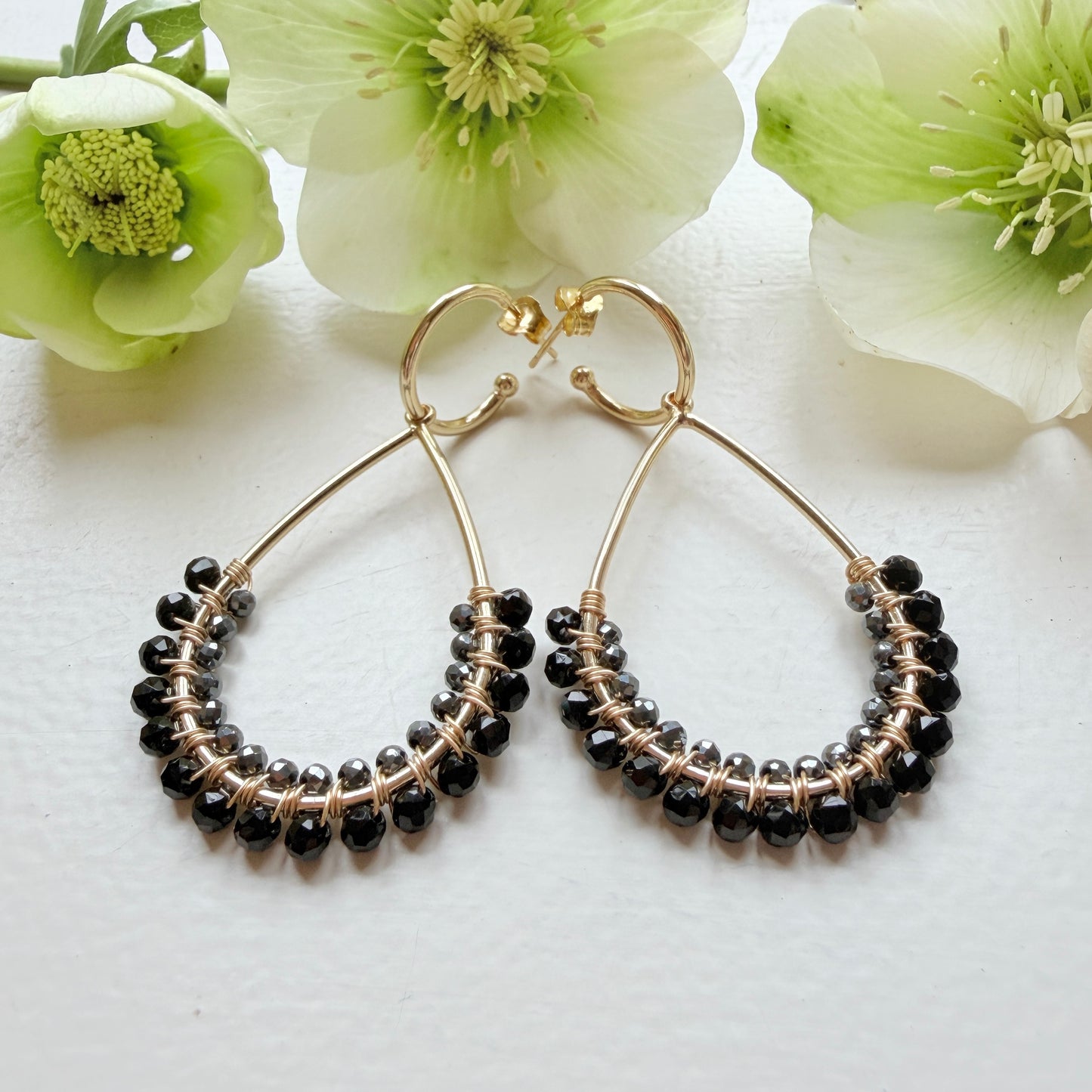 Black Onyx & Charcoal Hematite 1/2 Teardrop Earrings On Hoops