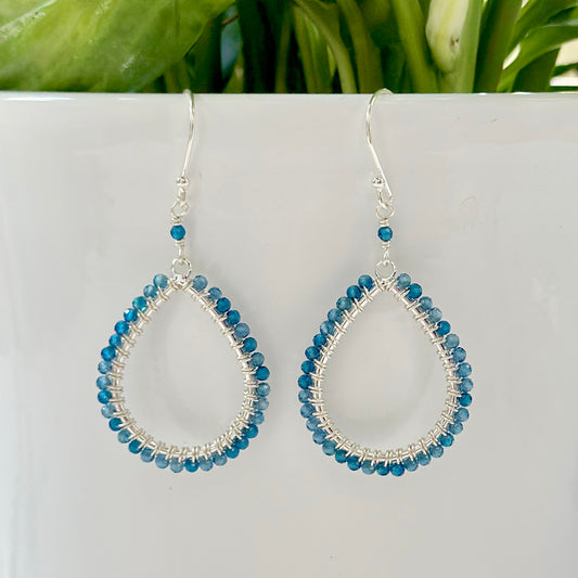 Topaz Blue Azurite Midi Teardrop Beaded Earrings (Silver)