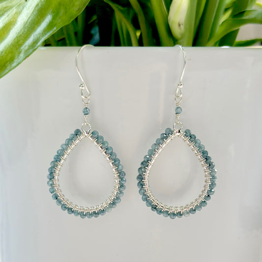 Pale Denim Blue Azurite Midi Teardrop Beaded Earrings (Silver)