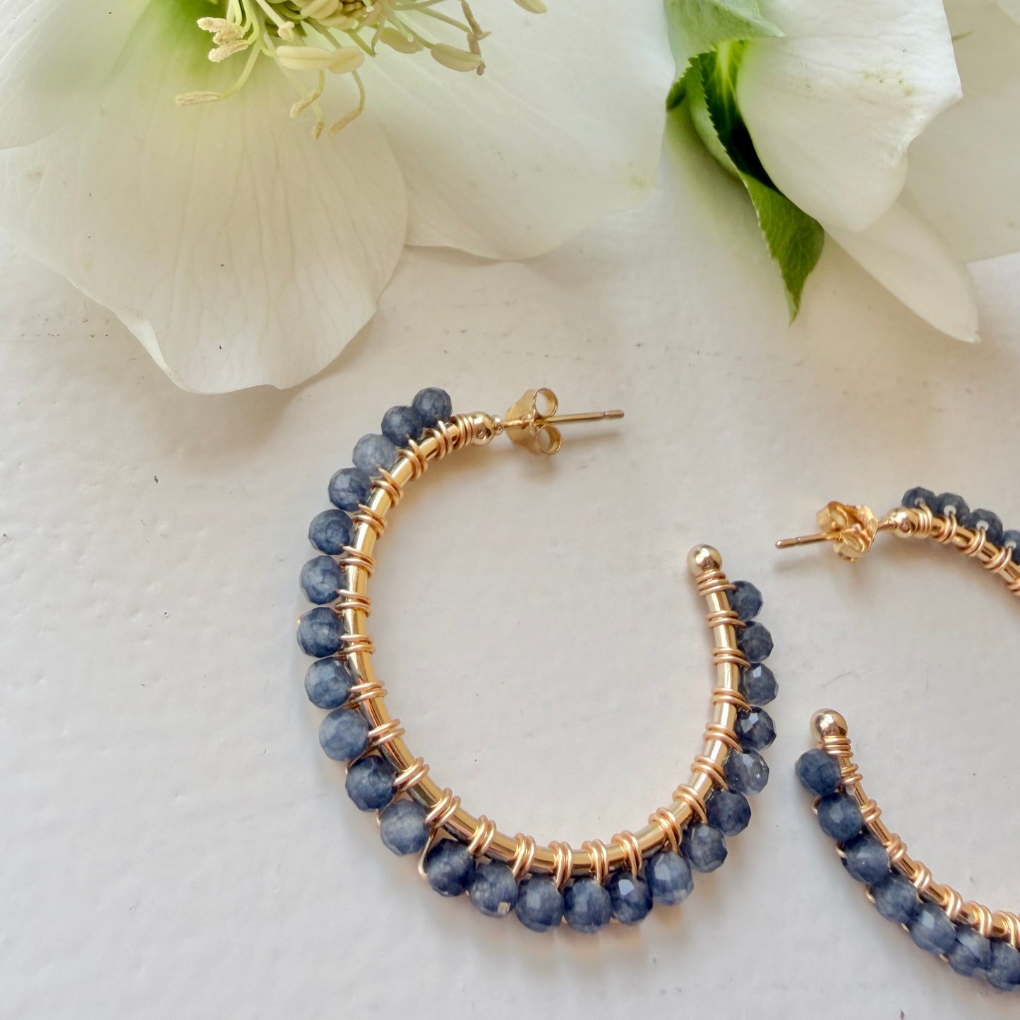 Denim Blue Iolite Solid Midi Hoop Beaded Earrings