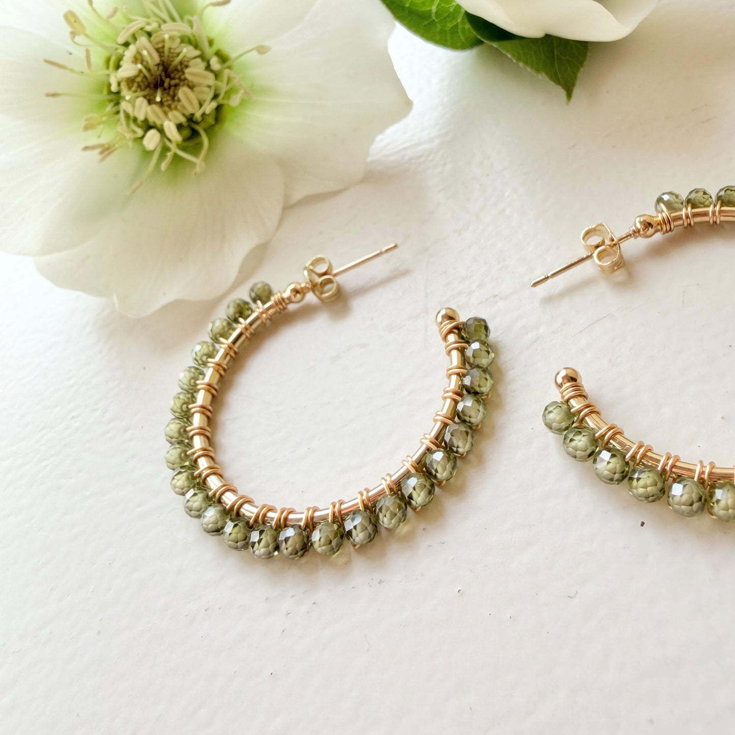 Olive Green Peridot Solid Midi Hoop Beaded Earrings