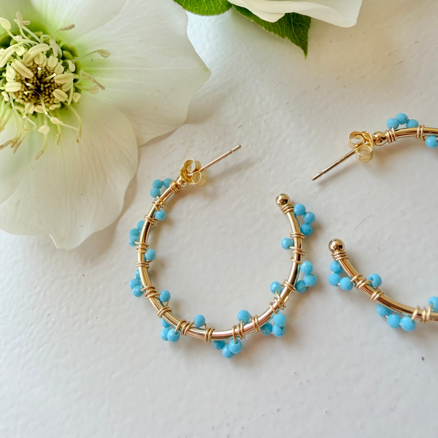Sky Blue Swirl Midi Hoop Beaded Earrings