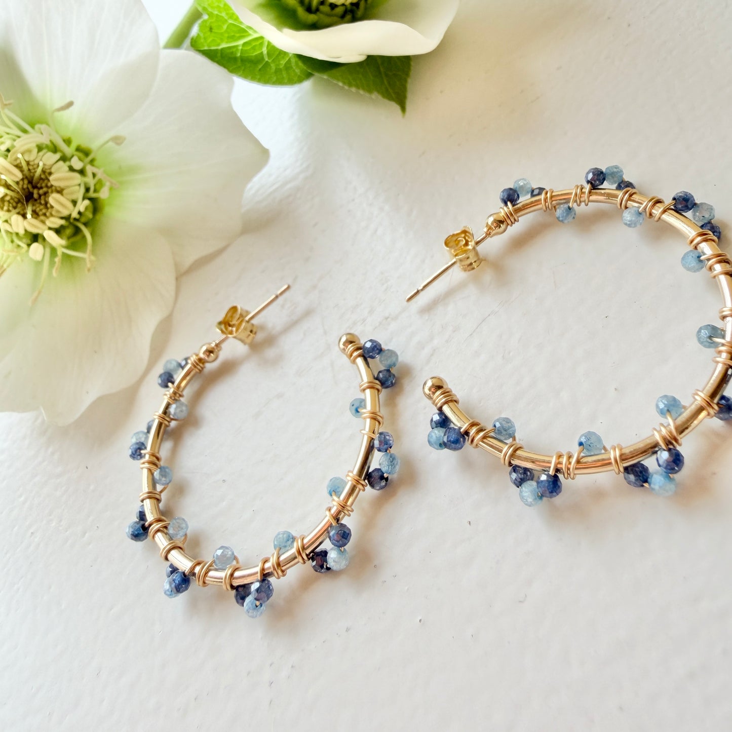 Royal Blue Azurite & Pale Denim Blue Azurite Swirl Midi Hoop Beaded Earrings