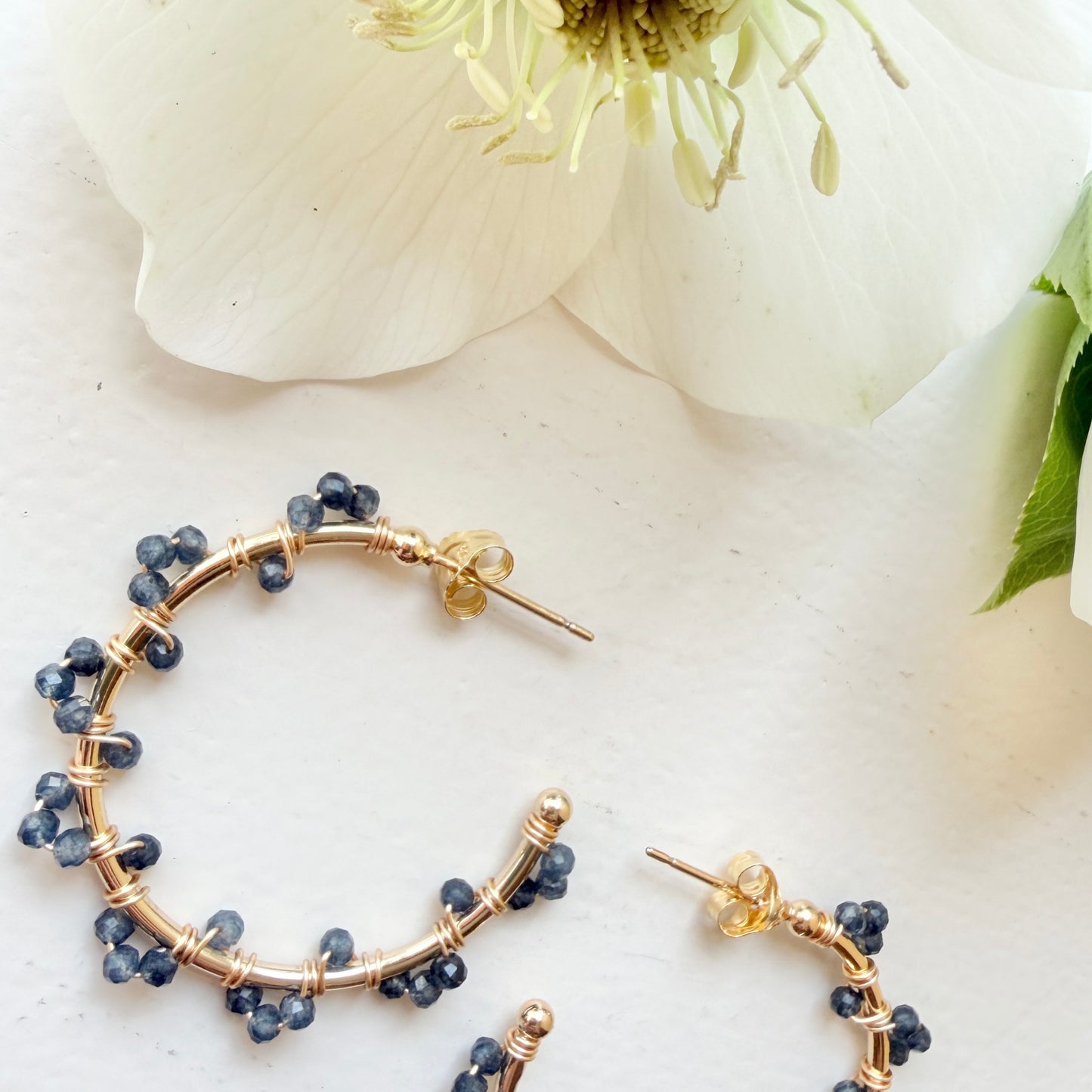 Dark Denim Blue Iolite Swirl Midi Hoop Beaded Earrings