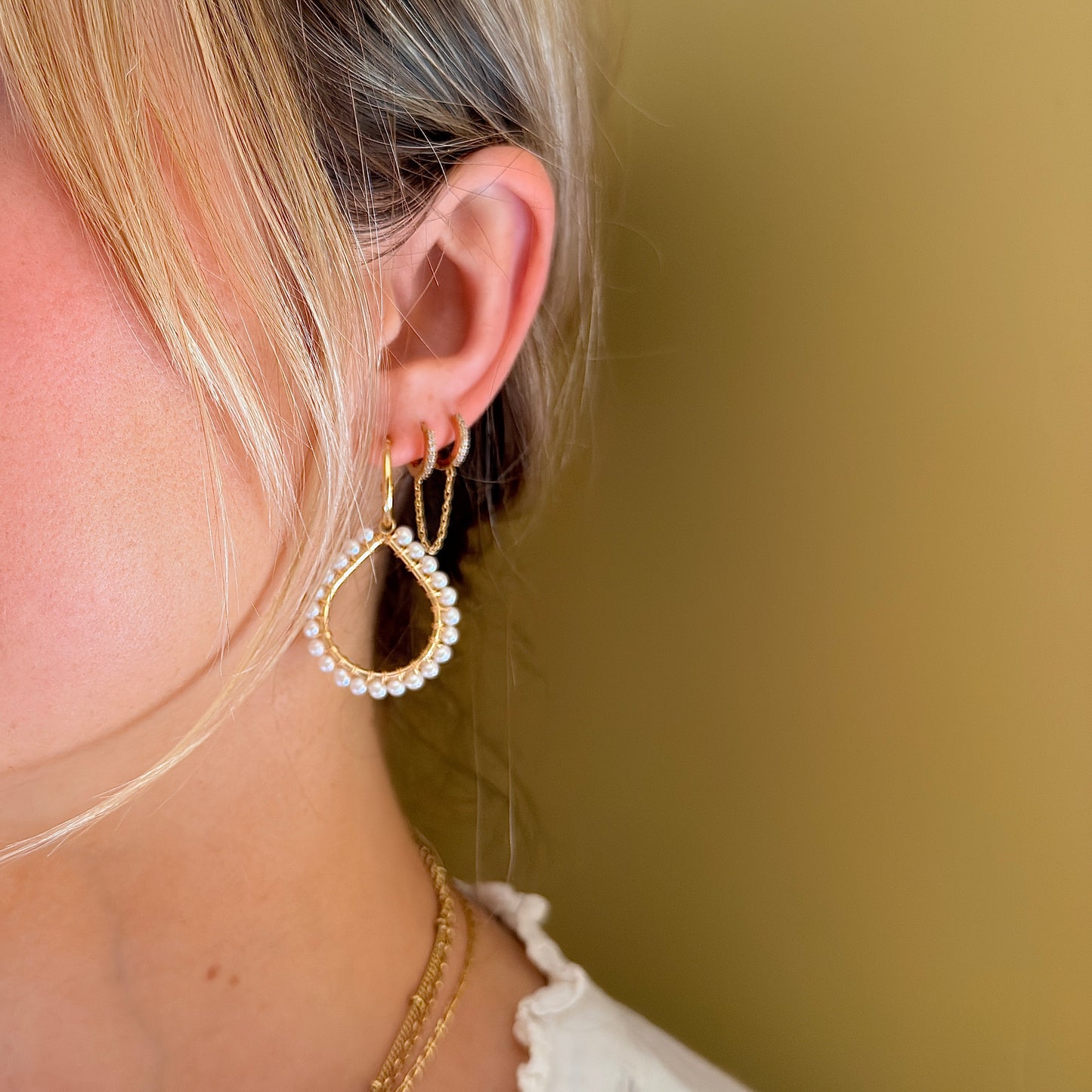 Chunky Freshwater Pearl Teardrop Earrings On Mini Hoops