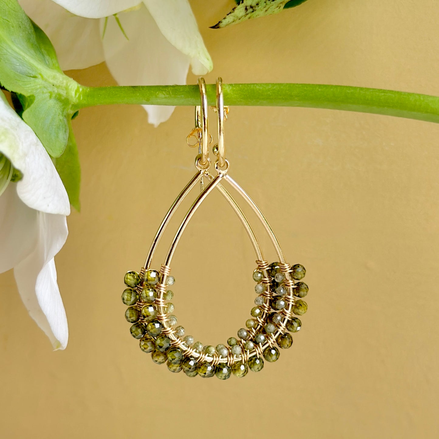 Olive Green Peridot 1/2 Teardrop Earrings On Hoops
