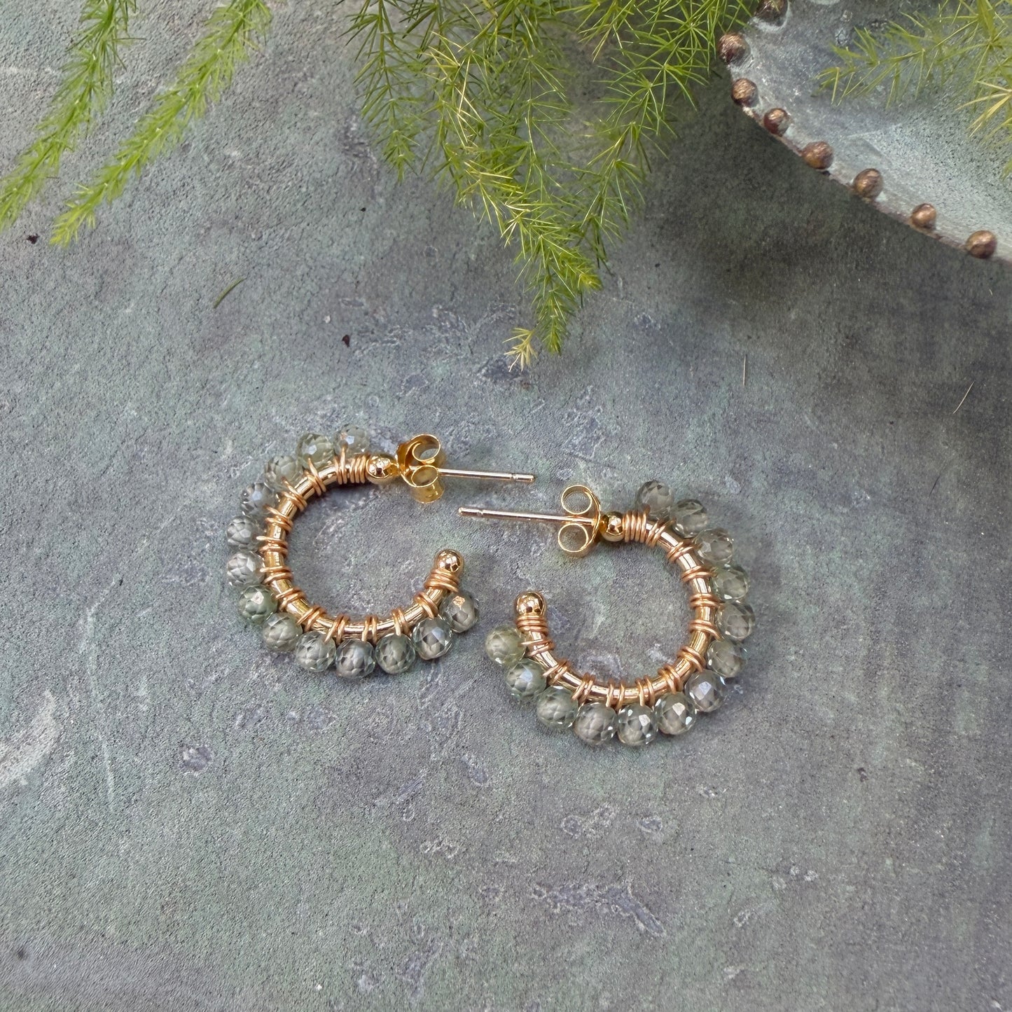 Chunky Sage Agate Mini Hoop Beaded Earrings