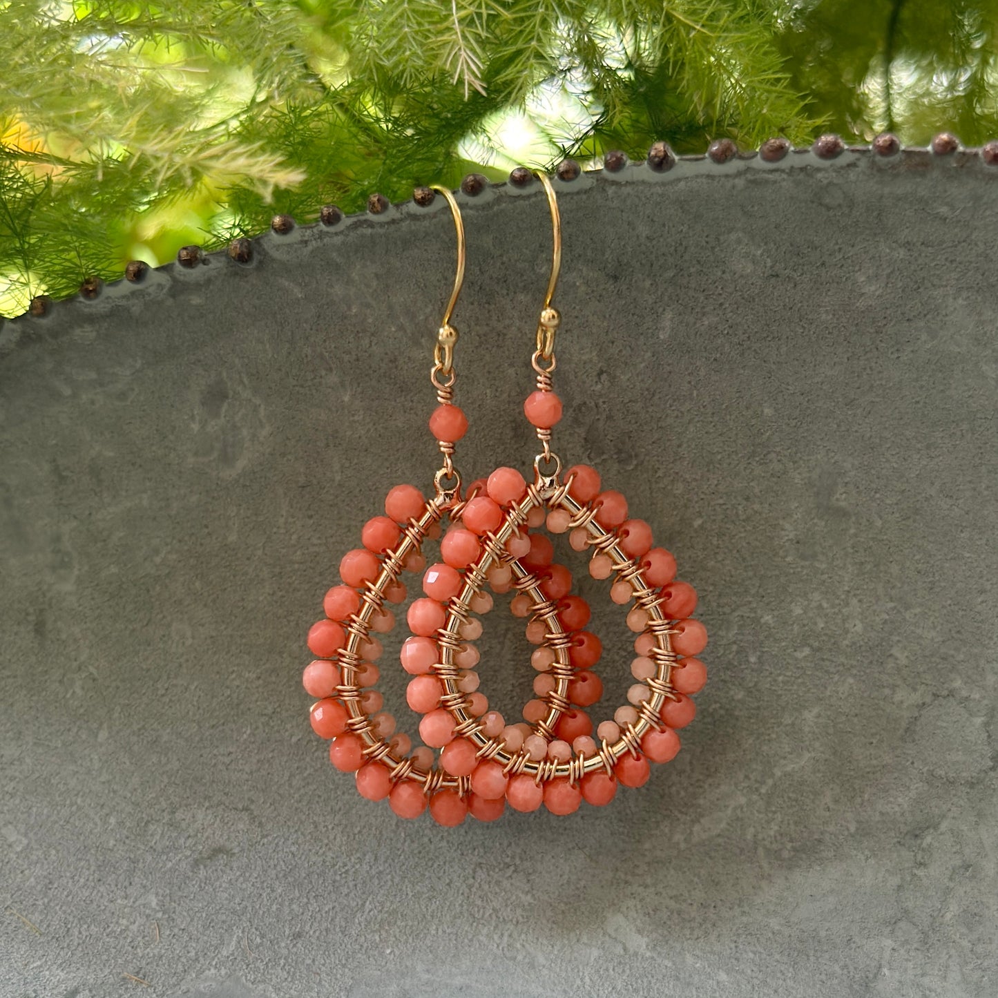 Coral Double Beaded Midi Teardrop Earrings