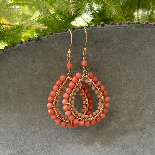 Coral Double Beaded Midi Teardrop Earrings