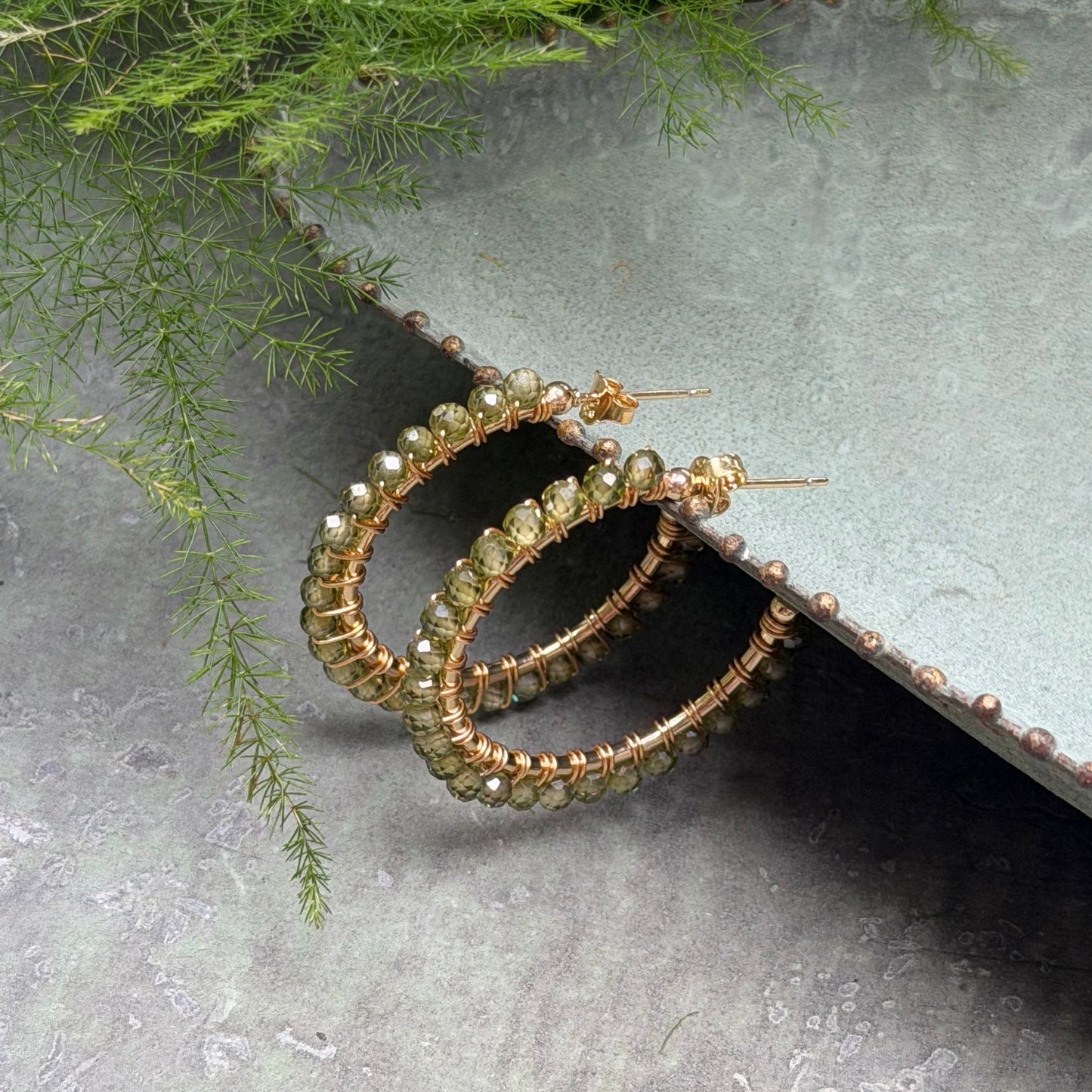Olive Green Peridot Solid Midi Hoop Beaded Earrings
