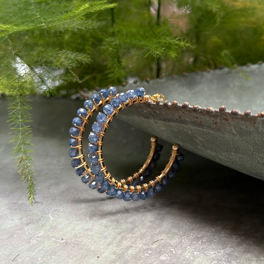 Airforce Blue Quartz Solid Midi Hoop Beaded Earrings
