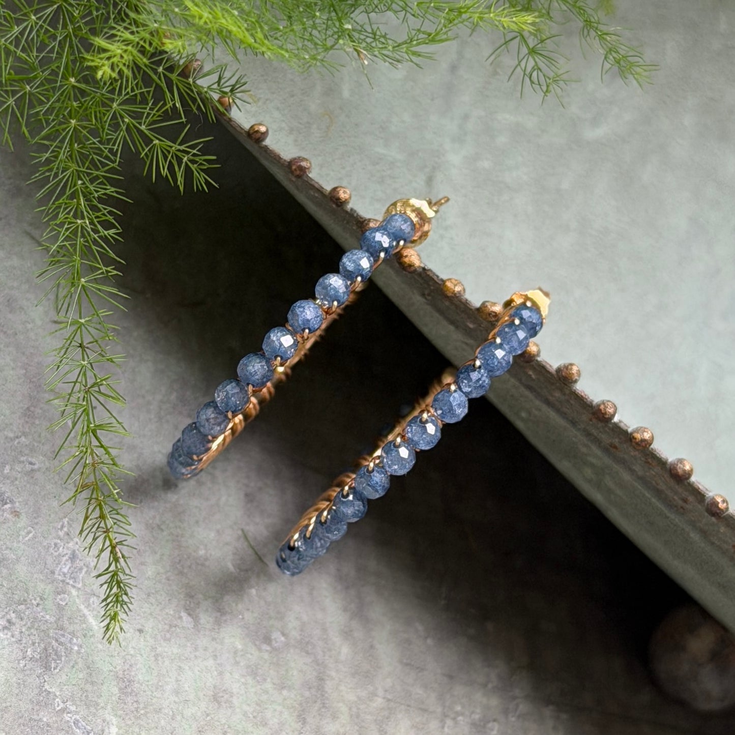 Airforce Blue Quartz Solid Midi Hoop Beaded Earrings