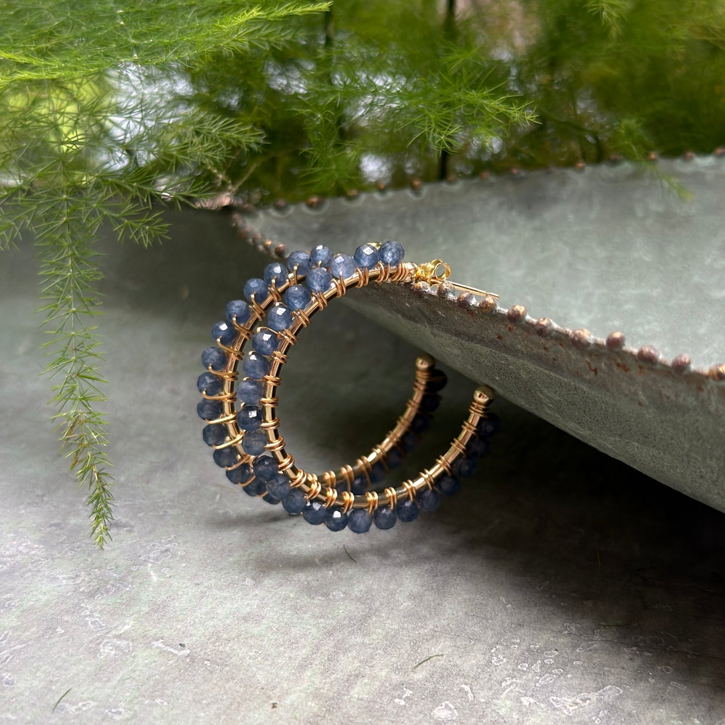 Denim Blue Iolite Solid Midi Hoop Beaded Earrings