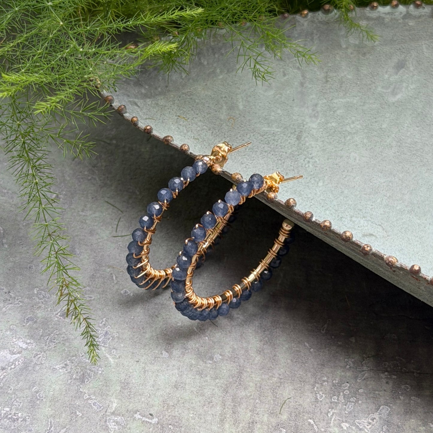 Denim Blue Iolite Solid Midi Hoop Beaded Earrings