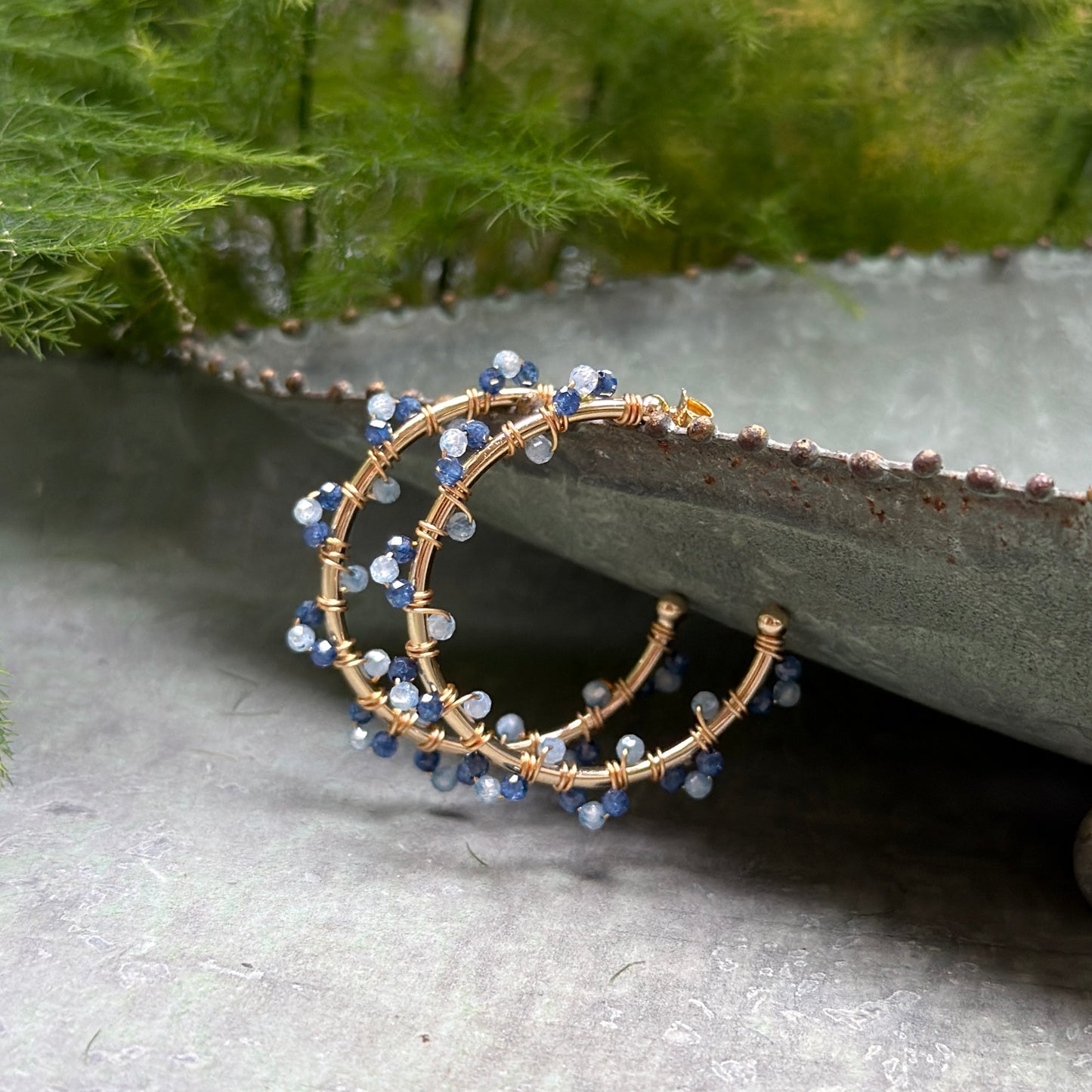 Royal Blue Azurite & Pale Denim Blue Azurite Swirl Midi Hoop Beaded Earrings