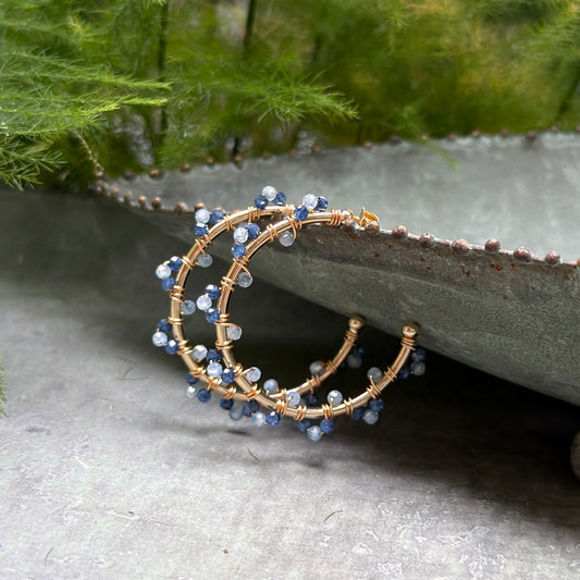 Royal Blue Azurite & Pale Denim Blue Azurite Swirl Midi Hoop Beaded Earrings