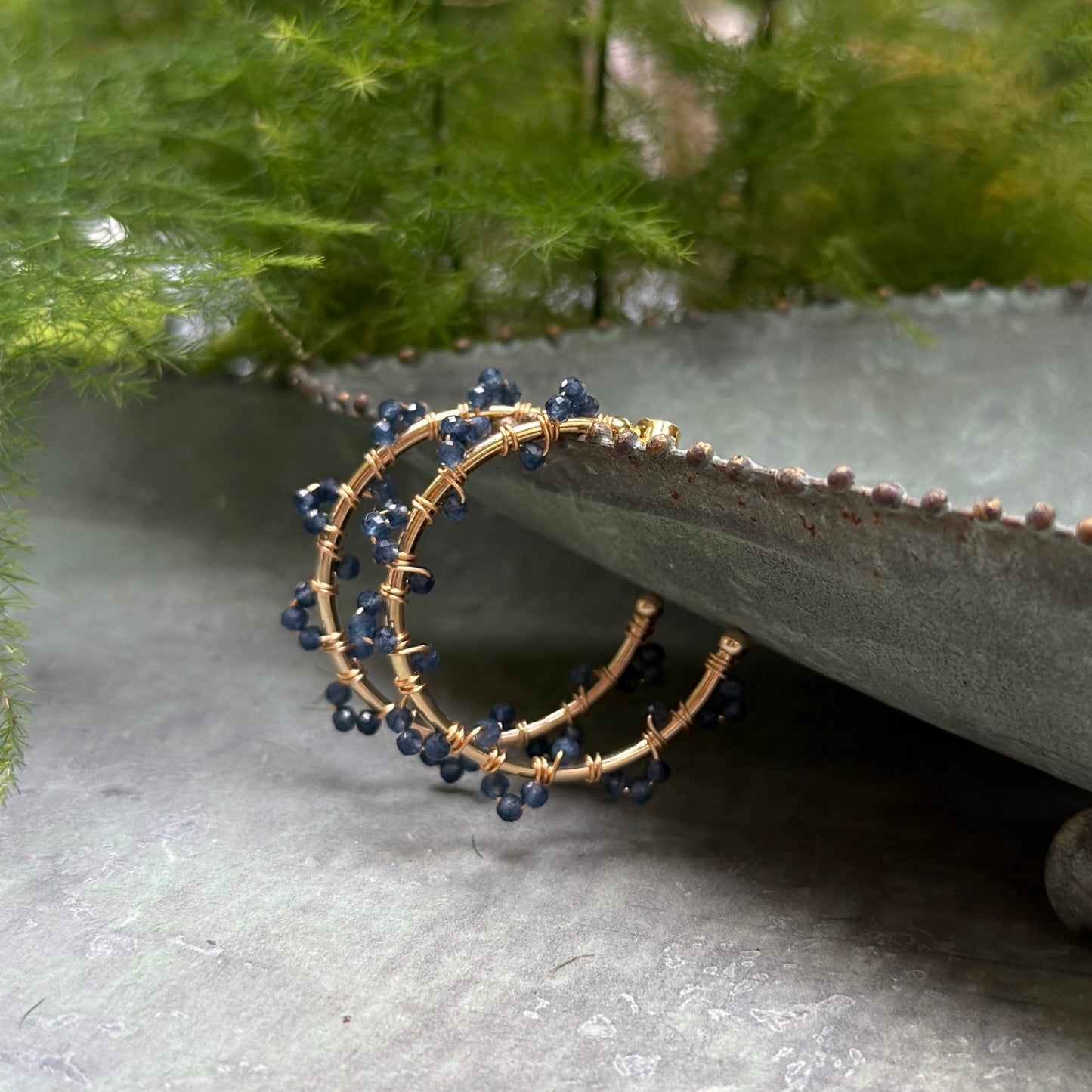 Dark Denim Blue Iolite Swirl Midi Hoop Beaded Earrings