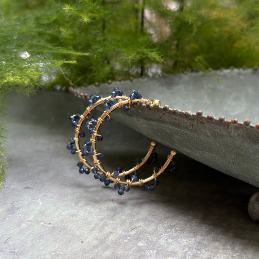 Dark Denim Blue Iolite Swirl Midi Hoop Beaded Earrings