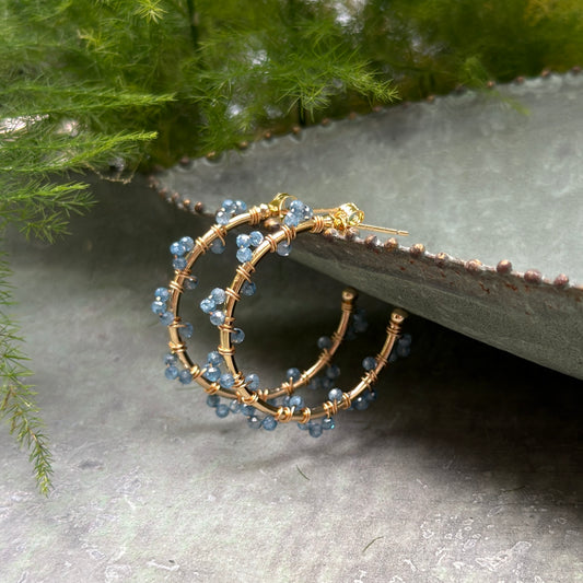 Pale Denim Blue Azurite Swirl Midi Hoop Beaded Earrings