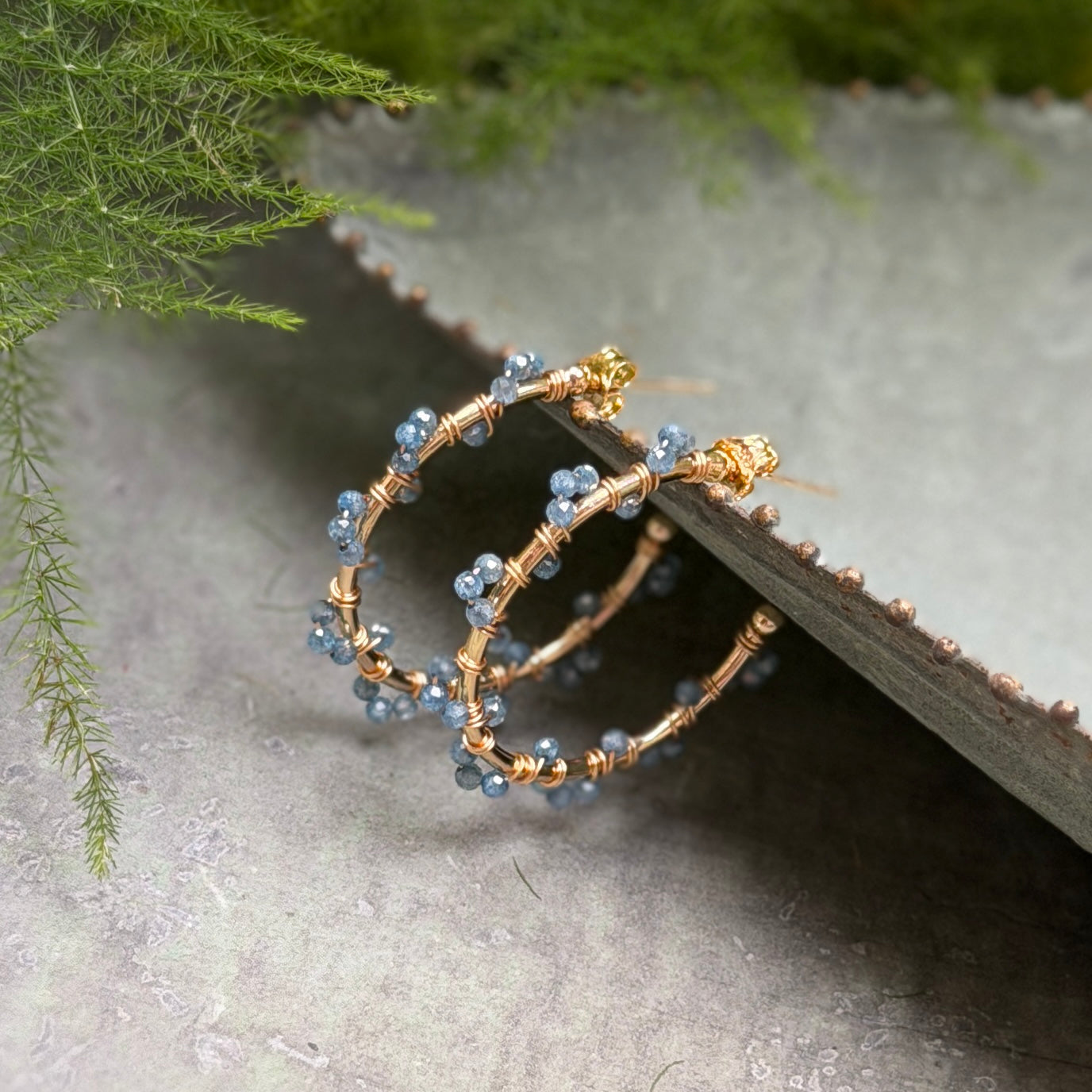 Pale Denim Blue Azurite Swirl Midi Hoop Beaded Earrings
