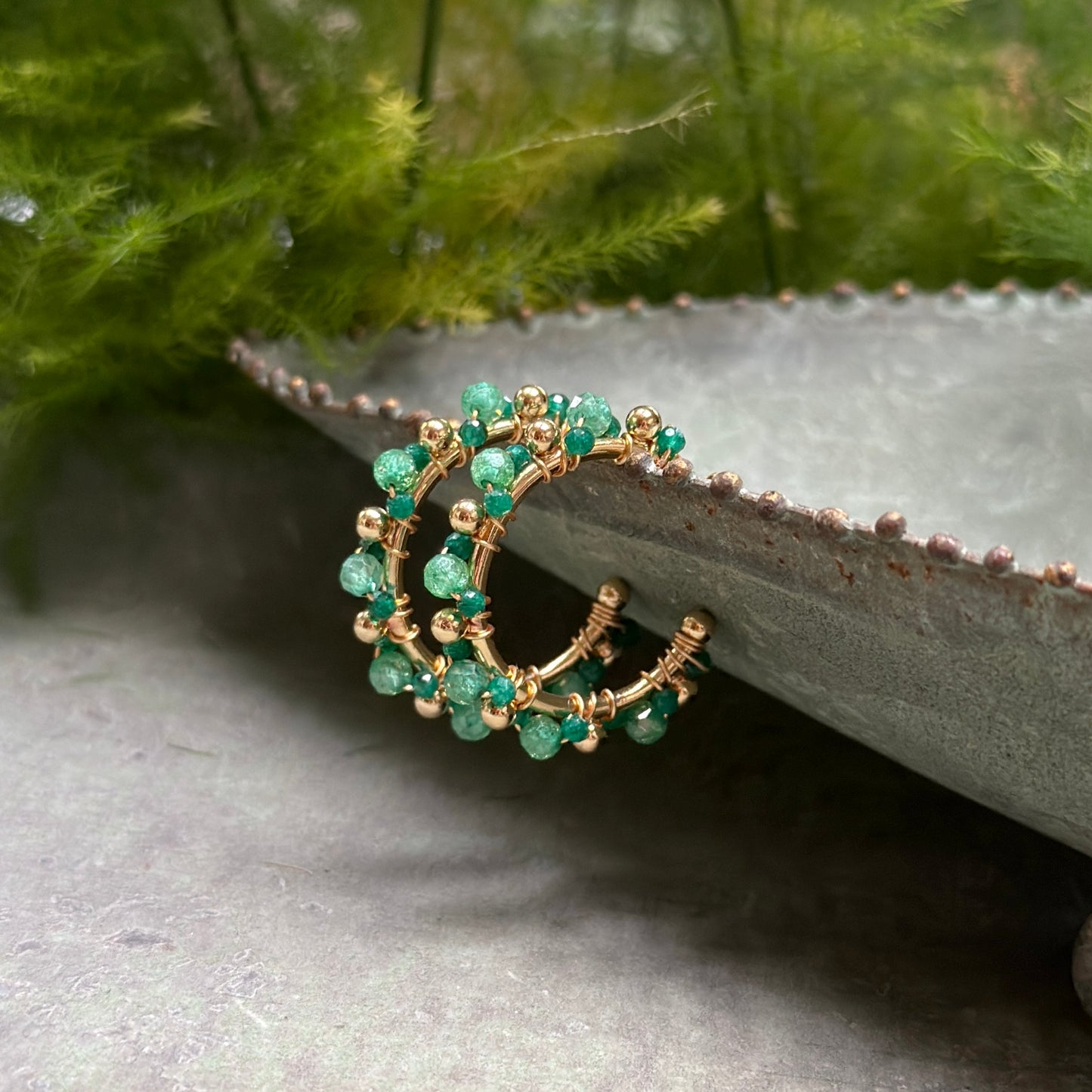 Mint Jade & Mid-Emerald Green Mini+ Bobble Hoop Beaded Earrings