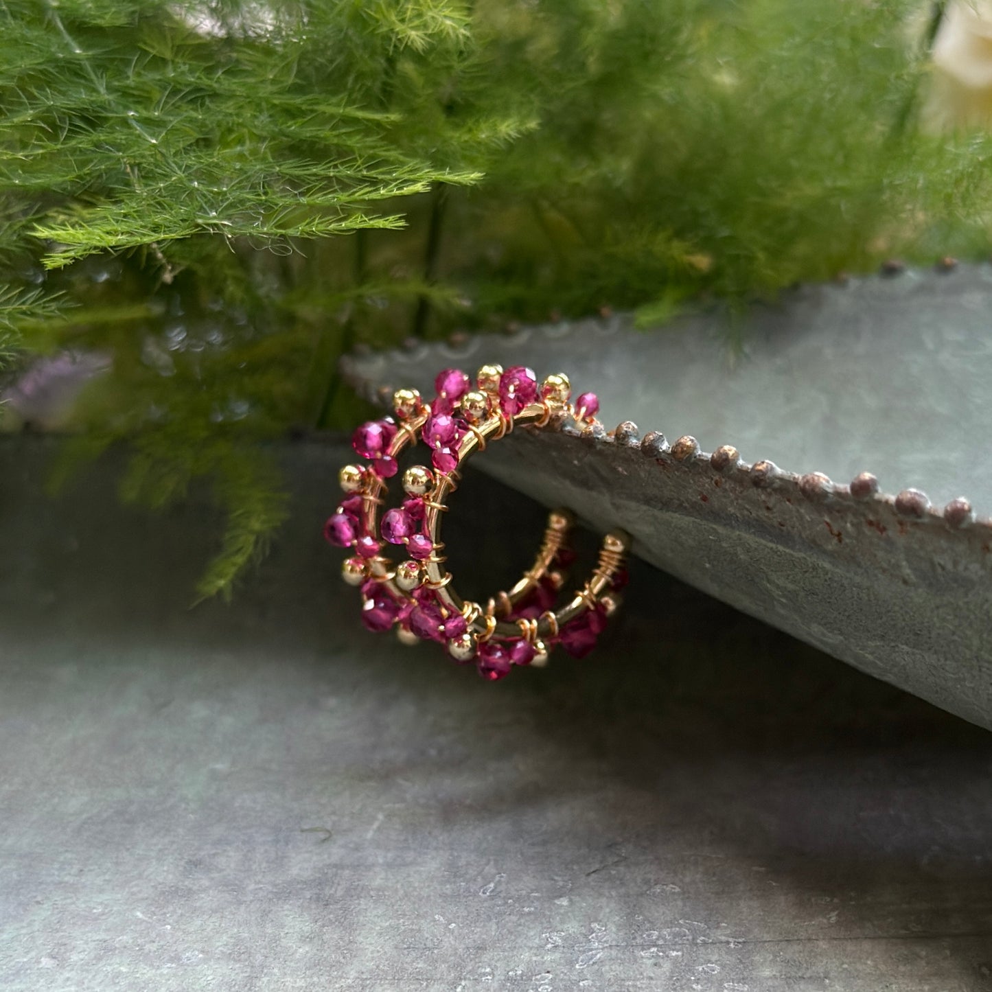 Fuchsia Pink Garnet Mini+ Bobble Hoop Beaded Earrings