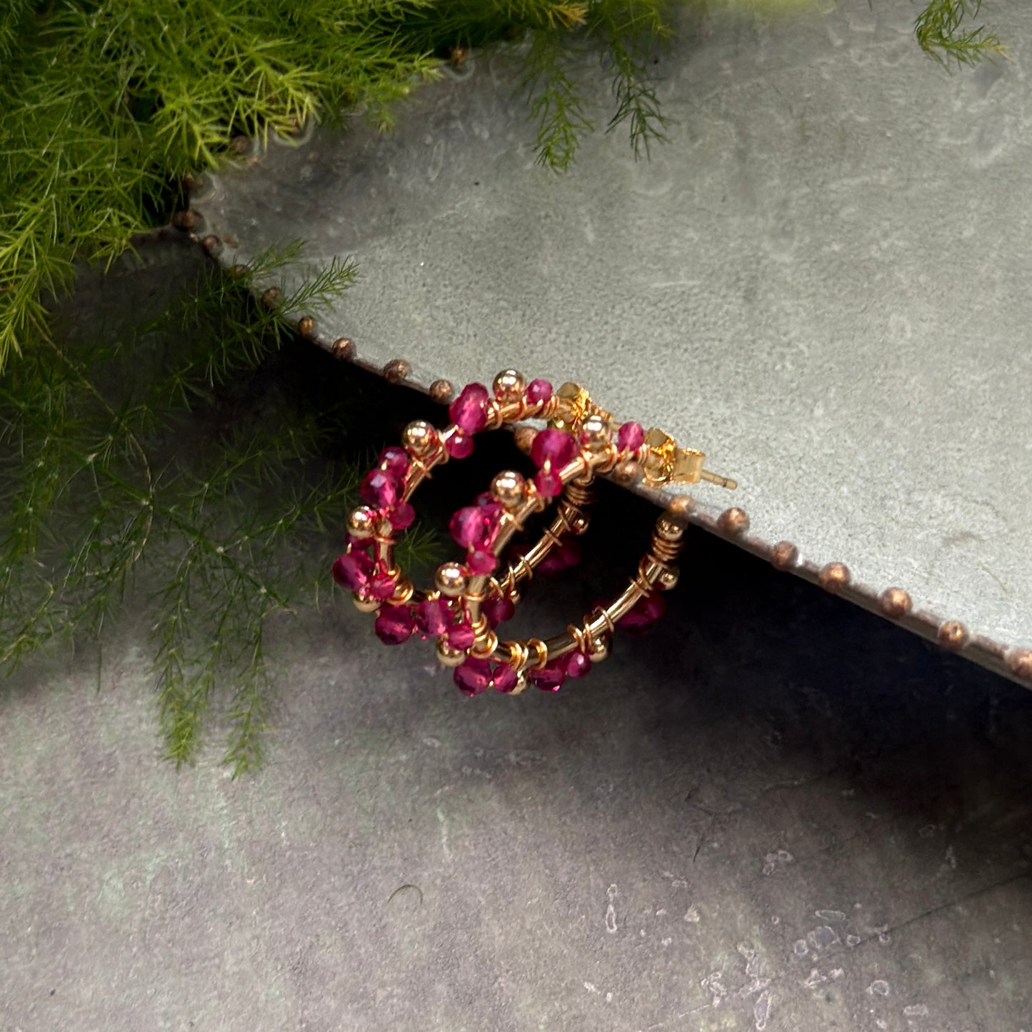 Fuchsia Pink Garnet Mini+ Bobble Hoop Beaded Earrings