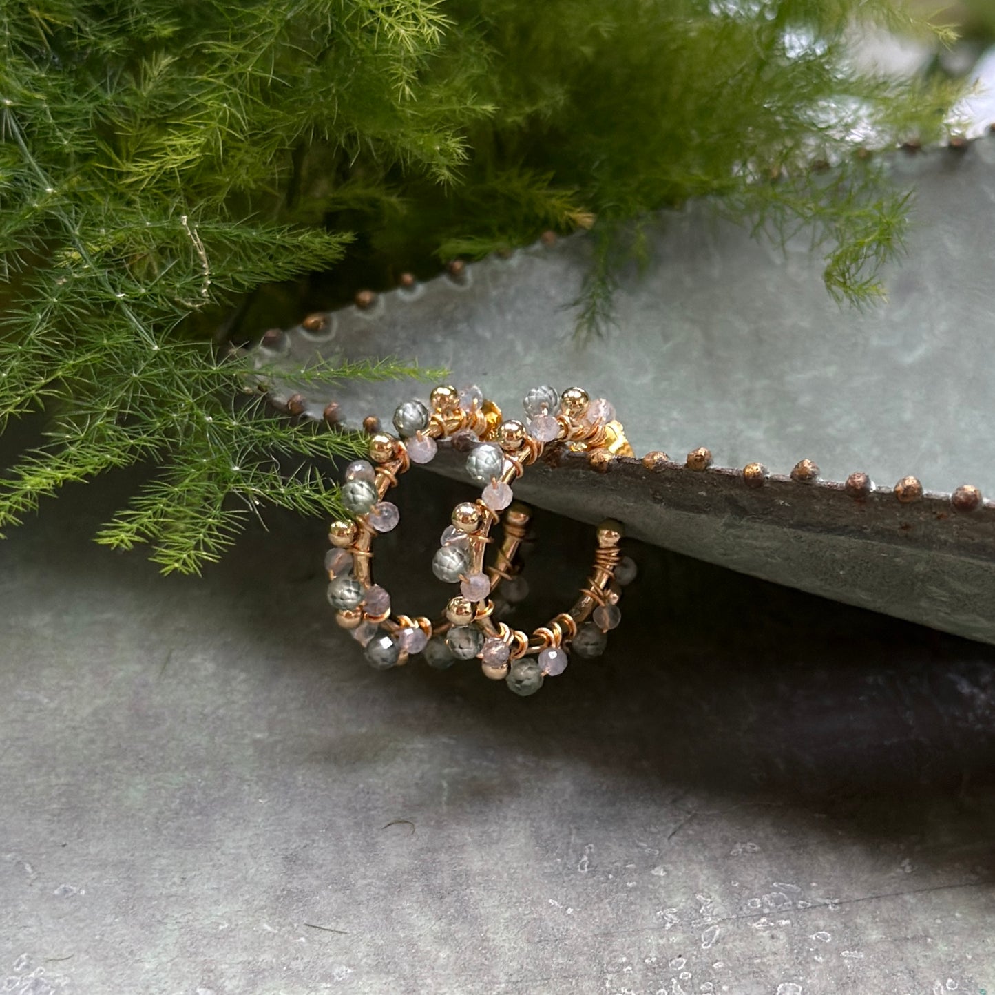Sage Green Agate & Grey Labradorite Mini+ Bobble Hoop Beaded Earrings