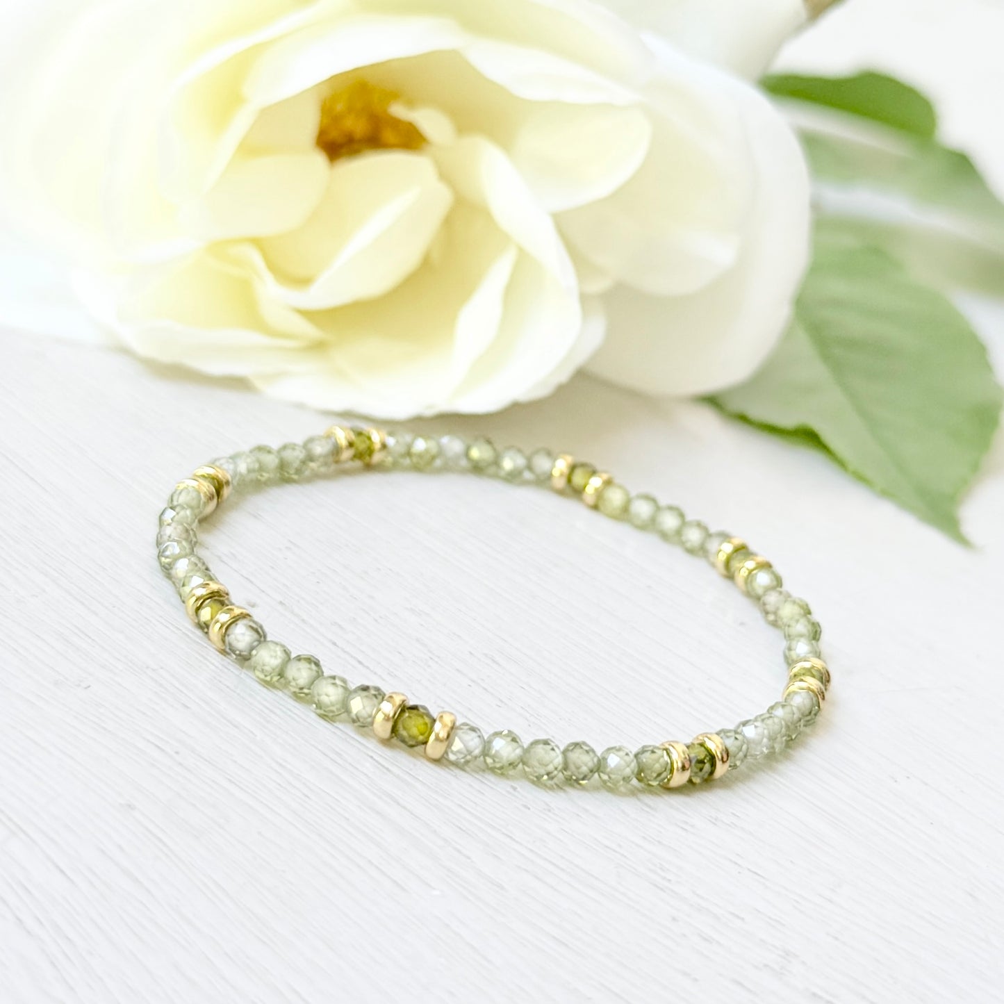 Olive Peridot & Double Gold Nugget Stretchy Gemstone Bracelet