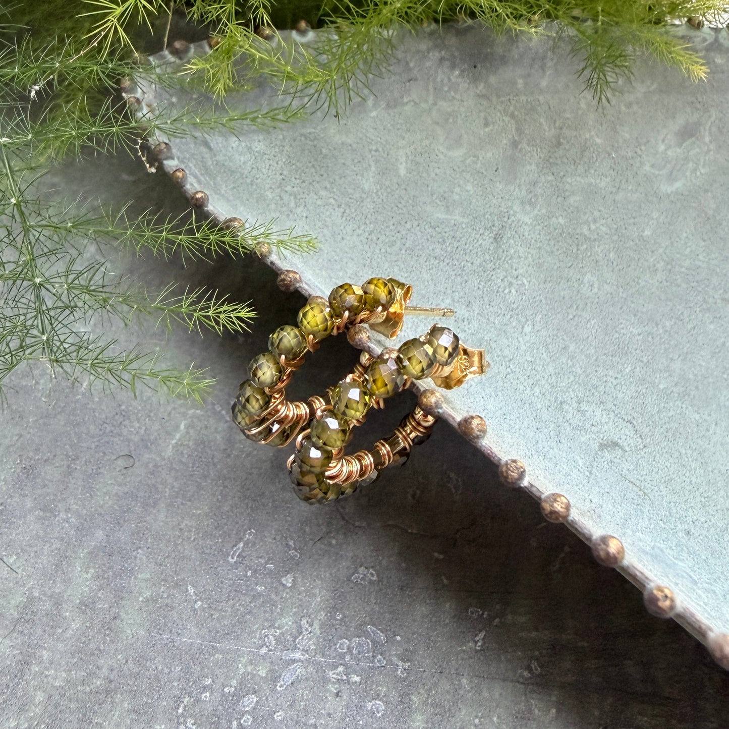 Chunky Dark Olive Peridot Mini Hoop Beaded Earrings