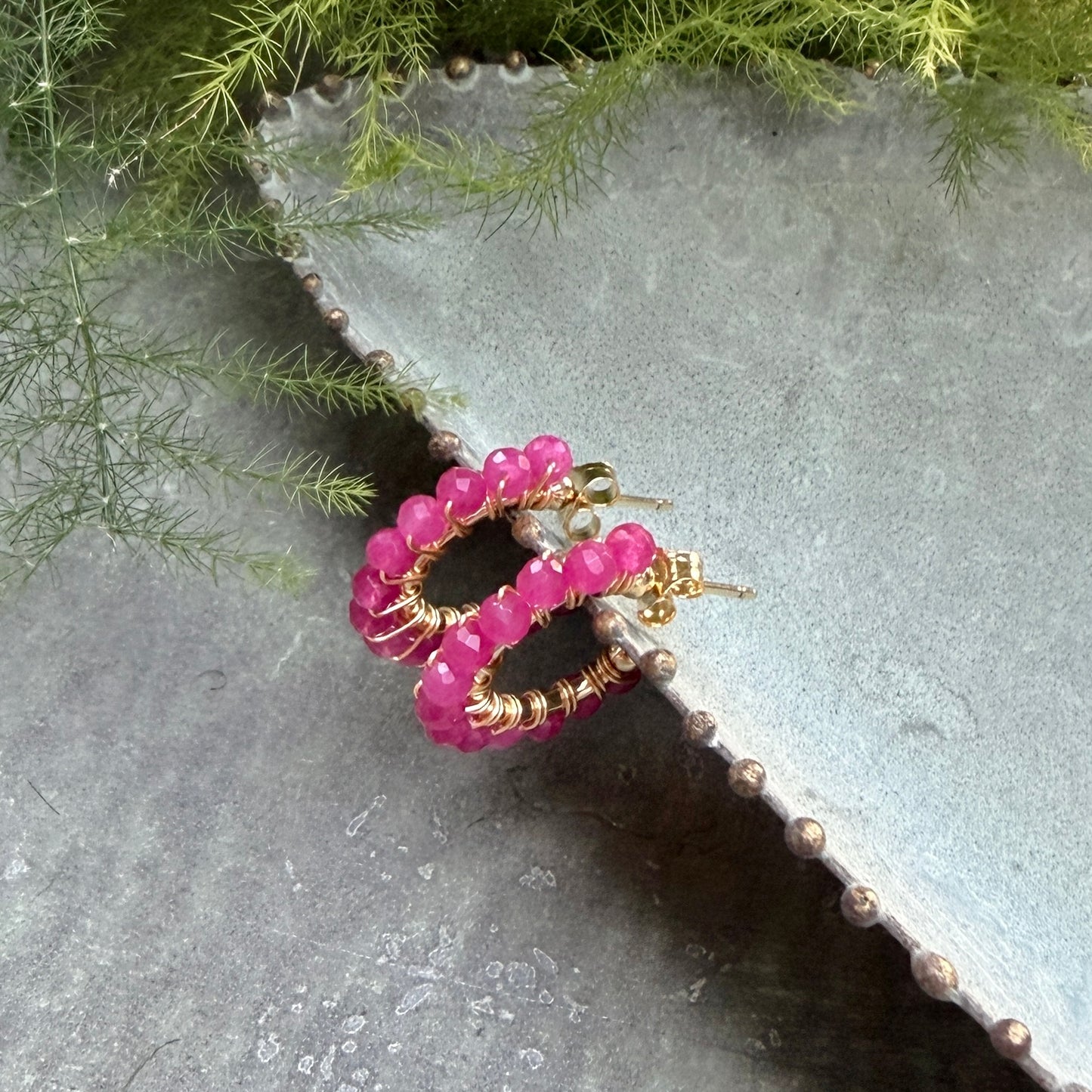 Chunky Magenta Pink Garnet Mini Hoop Beaded Earrings