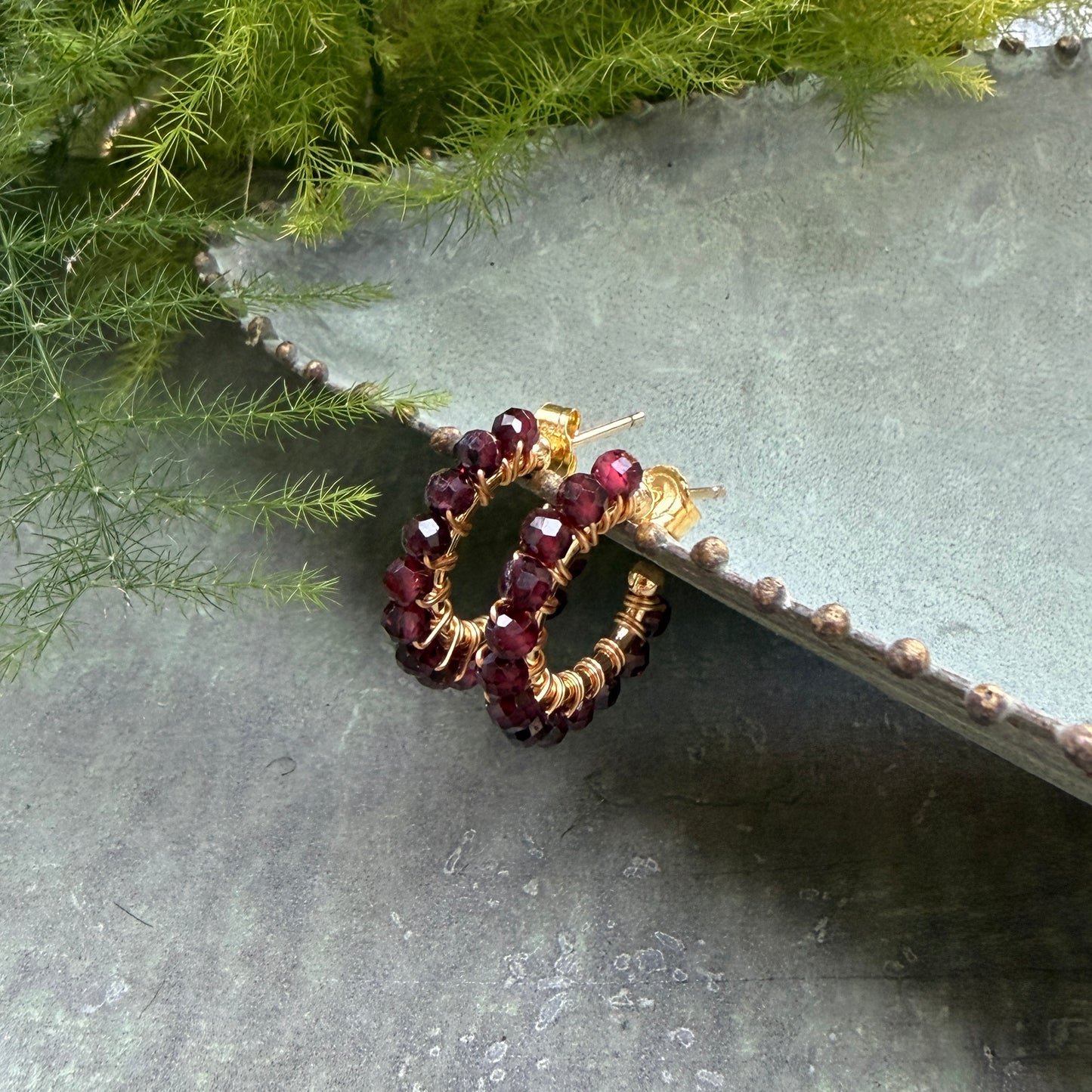 Chunky Burgundy Garnet Mini Hoop Beaded Earrings