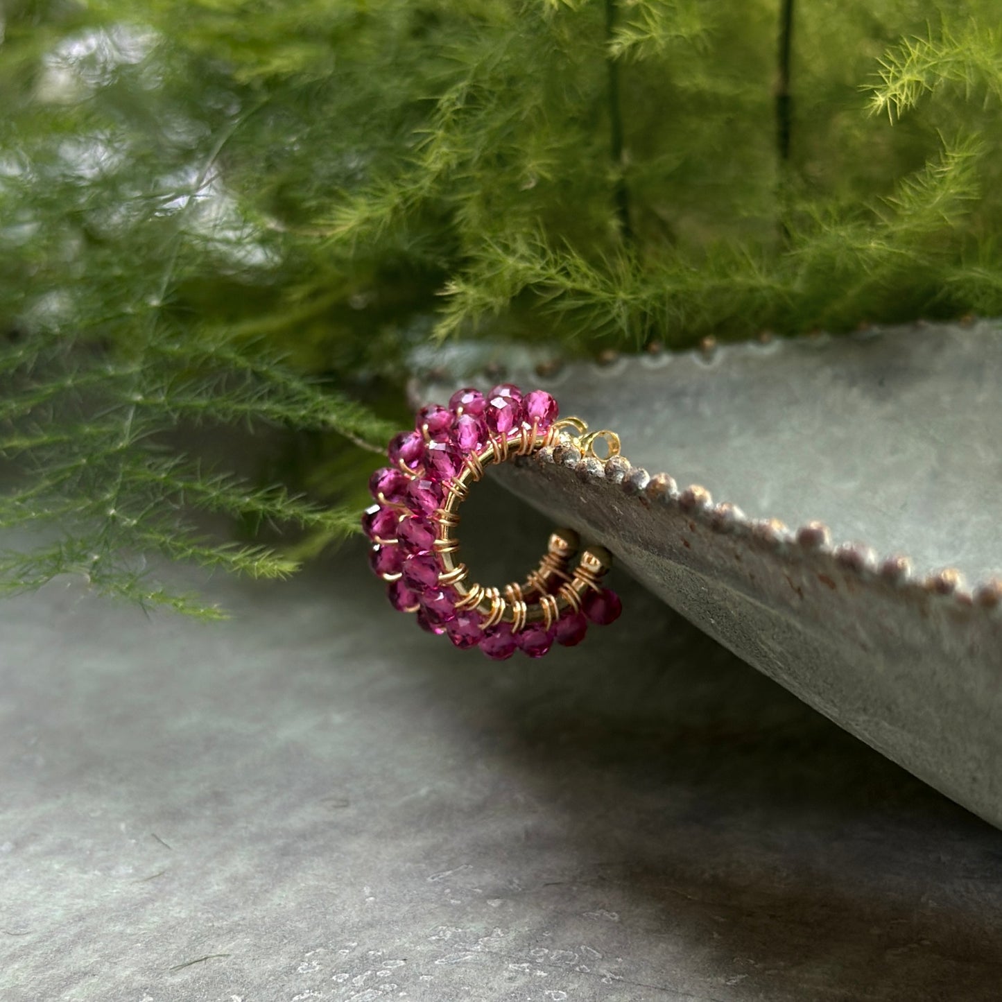 Chunky Fuchsia Pink Garnet Mini Hoop Beaded Earrings