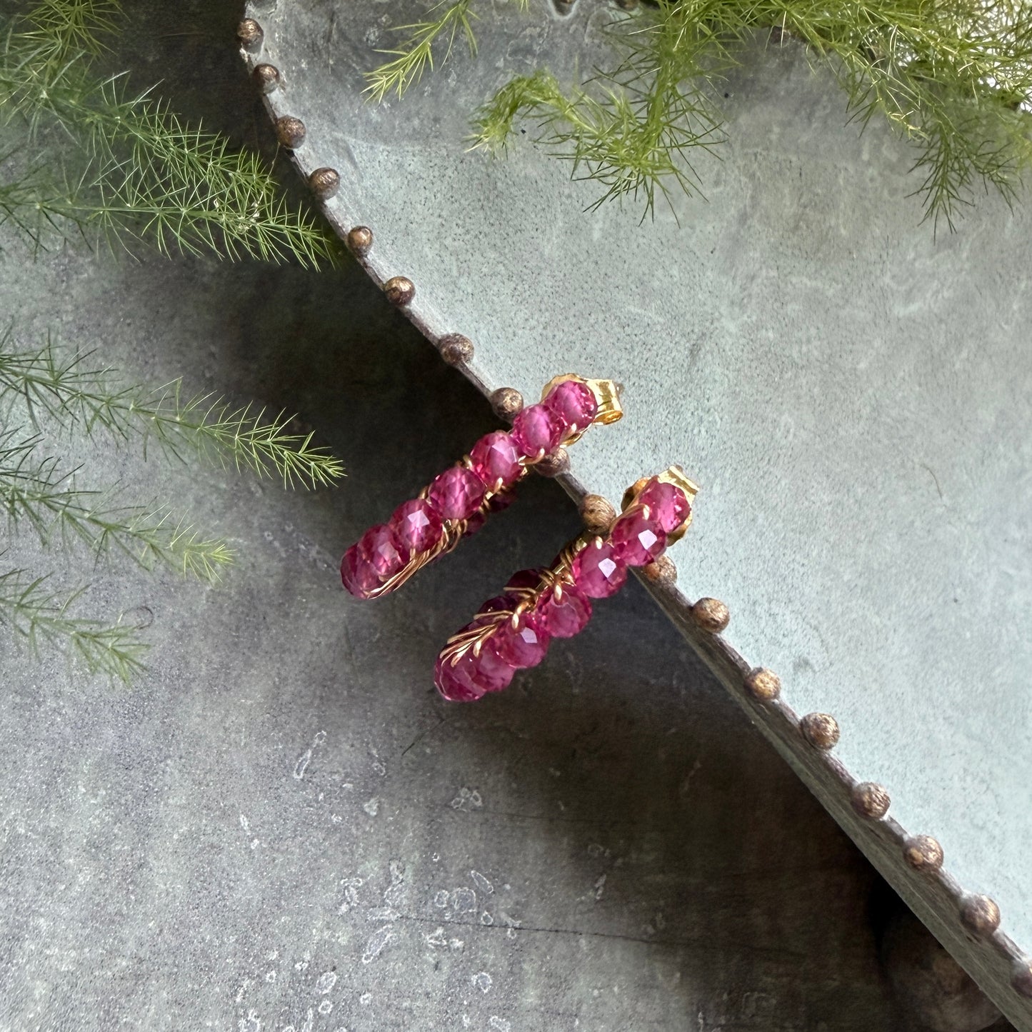 Chunky Fuchsia Pink Garnet Mini Hoop Beaded Earrings