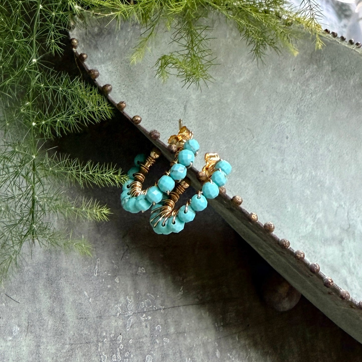 Chunky Turquoise Blue Quartz Mini Hoop Beaded Earrings