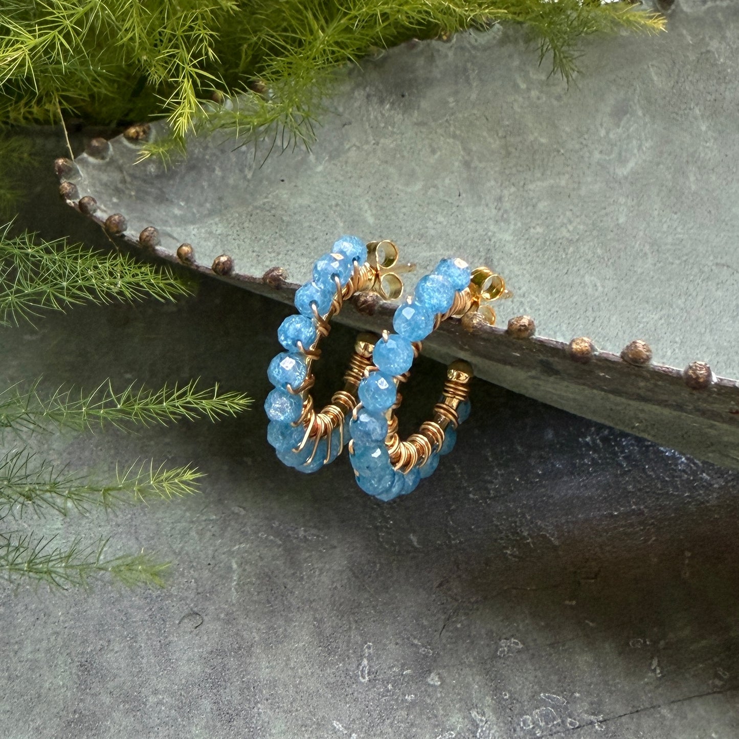 Chunky Dark Cornflower Blue Kyanite Mini Hoop Beaded Earrings