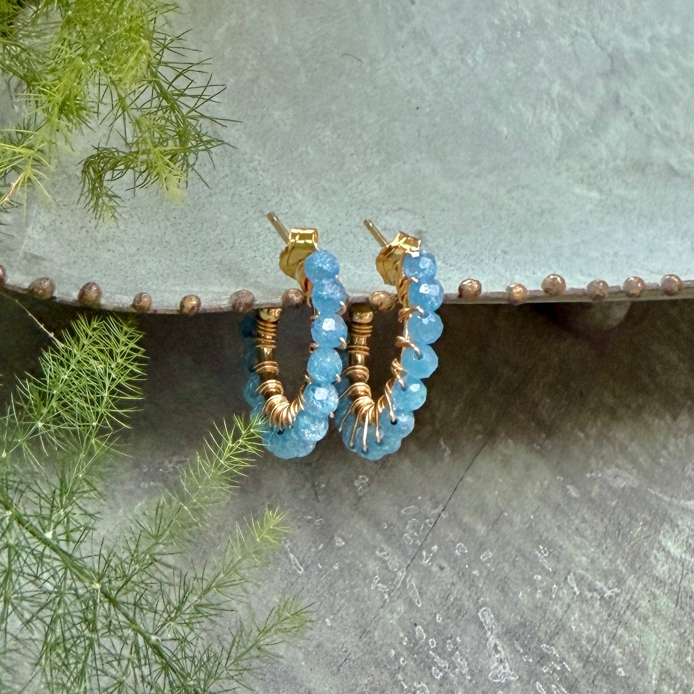 Chunky Dark Cornflower Blue Kyanite Mini Hoop Beaded Earrings
