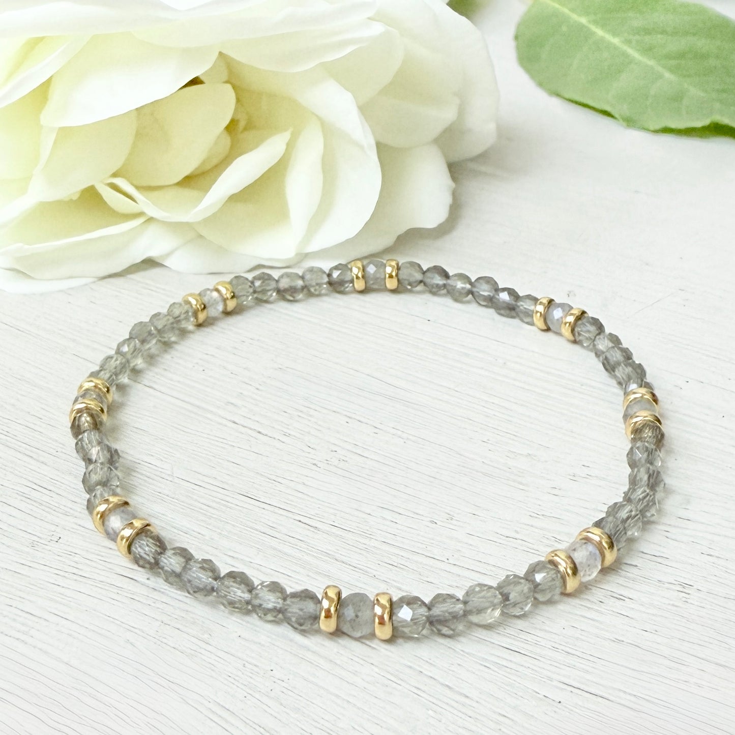 Taupe Agate & Double Gold Nugget Stretchy Gemstone Bracelet