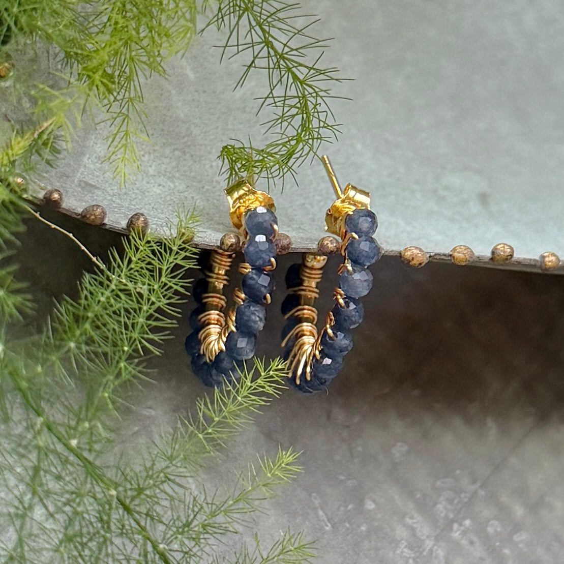 Chunky Dark Denim Blue Iolite Mini Hoop Beaded Earrings