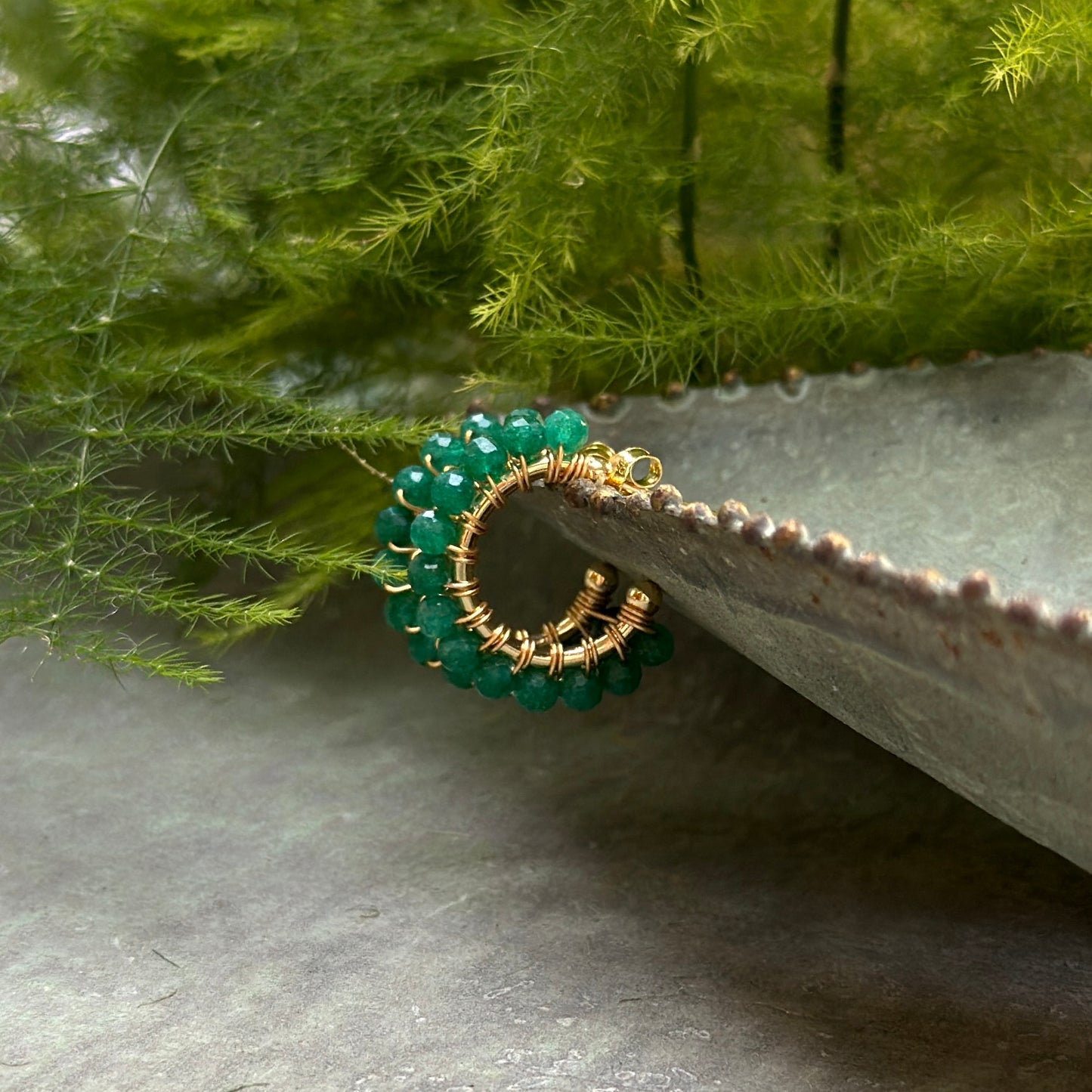 Chunky Mid Emerald Green Jade Mini Hoop Beaded Earrings