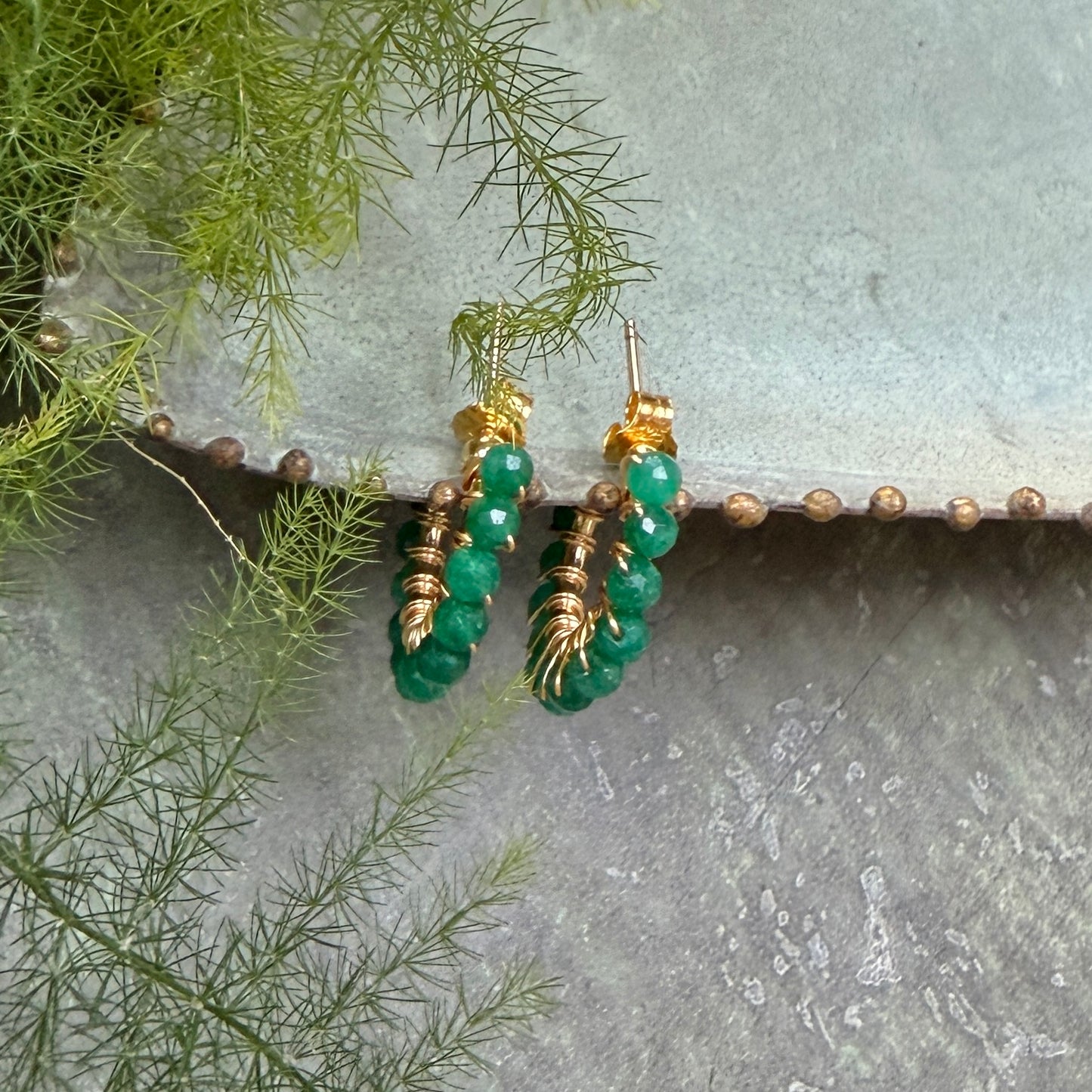 Chunky Mid Emerald Green Jade Mini Hoop Beaded Earrings