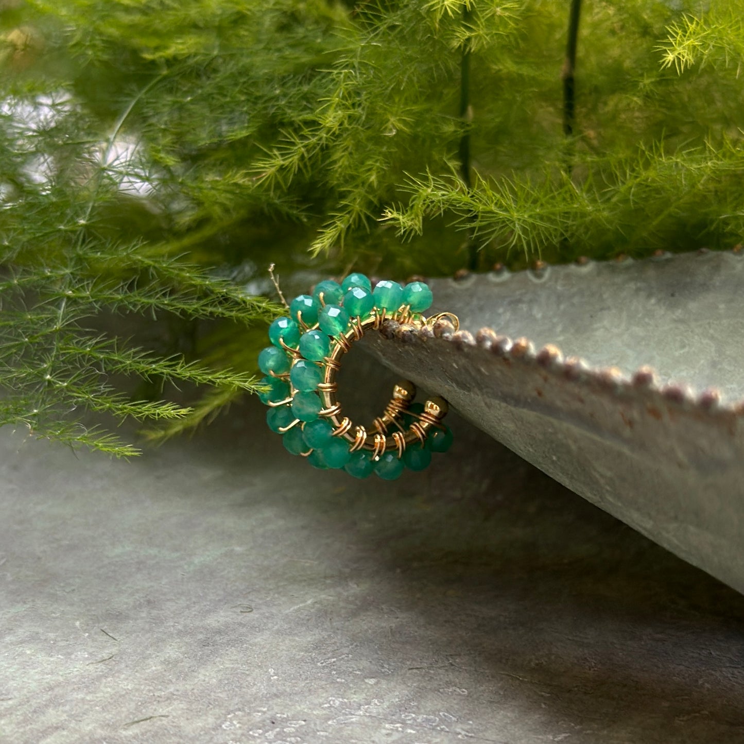 Chunky Dark Mint Green Jade Mini Hoop Beaded Earrings