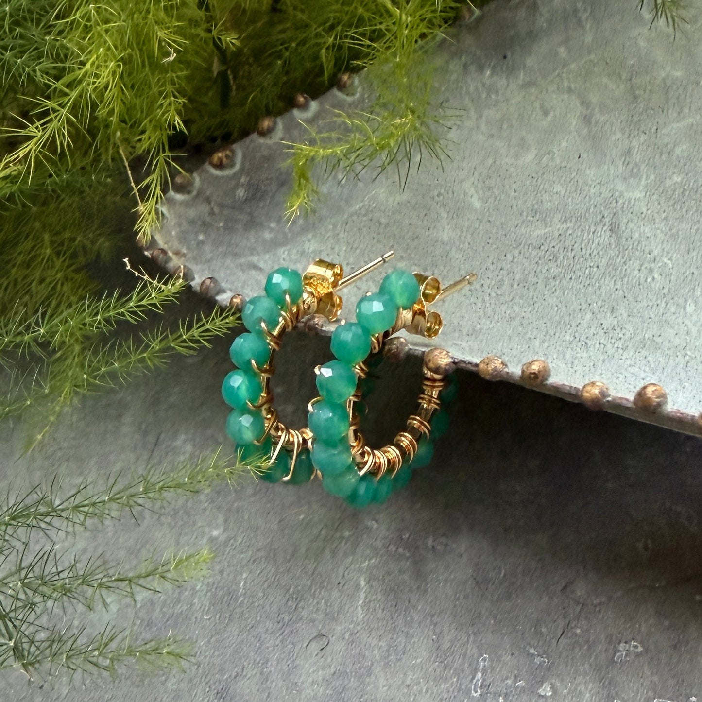 Chunky Dark Mint Green Jade Mini Hoop Beaded Earrings