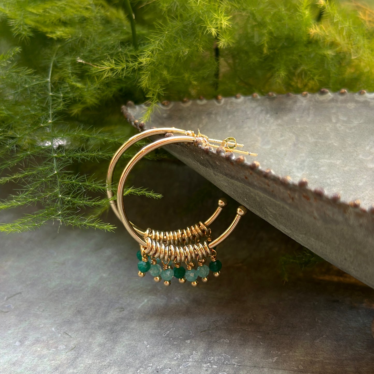 Emerald Green Jade & Mint Jade 7-Bead Midi Hoop Earrings