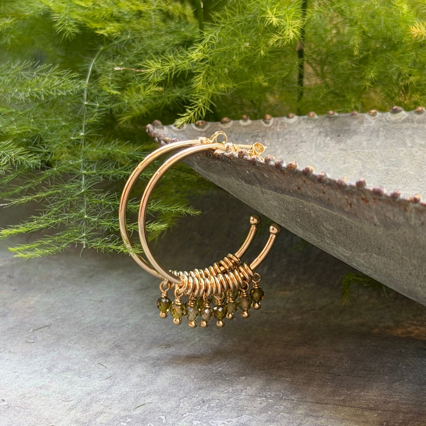 Olive Green Peridot 7-Bead Midi Hoop Earrings