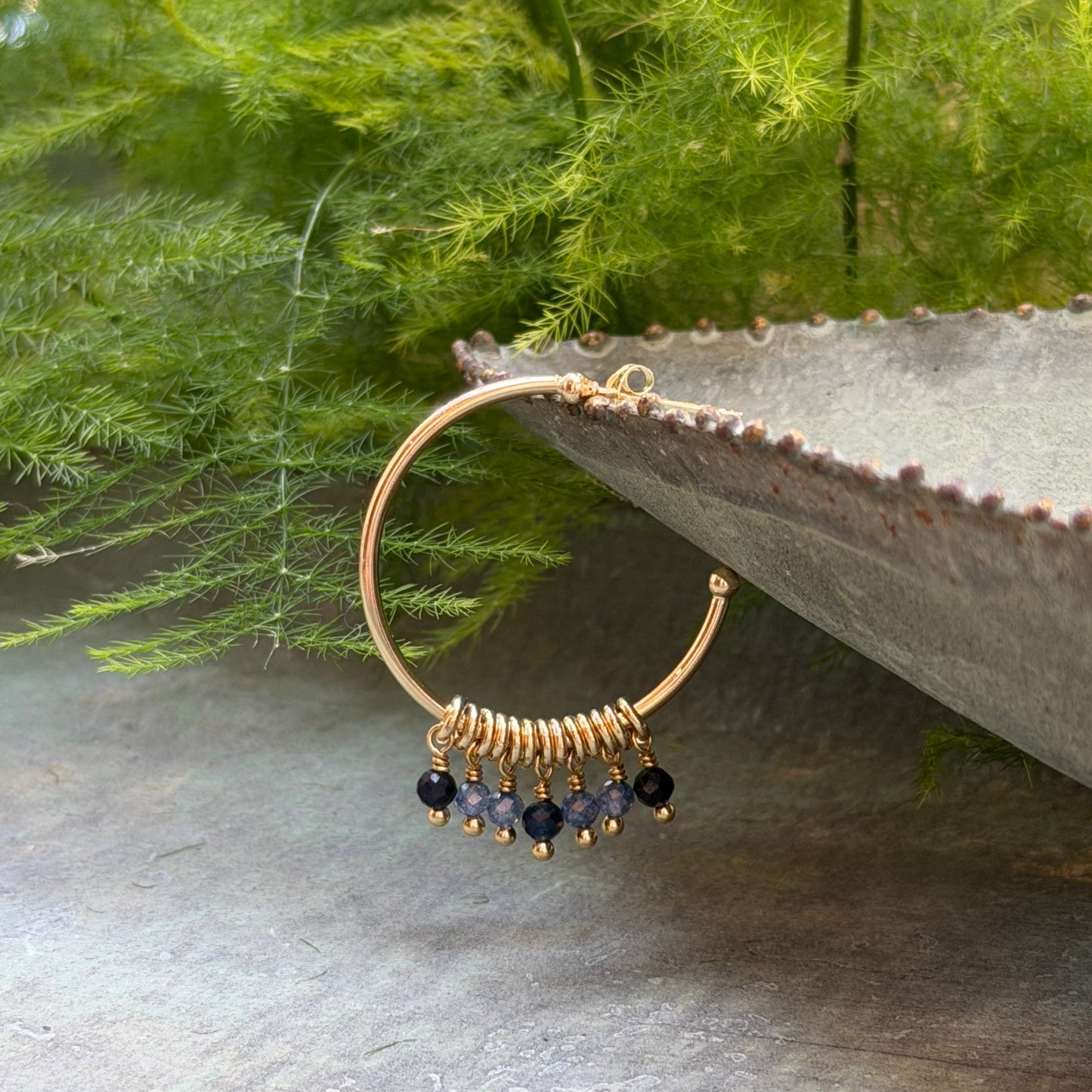 Airforce Blue Quartz & Dark Denim Iolite 7-Bead Midi Hoop Earrings