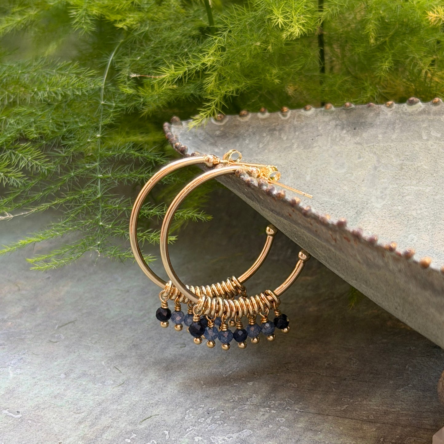 Airforce Blue Quartz & Dark Denim Iolite 7-Bead Midi Hoop Earrings