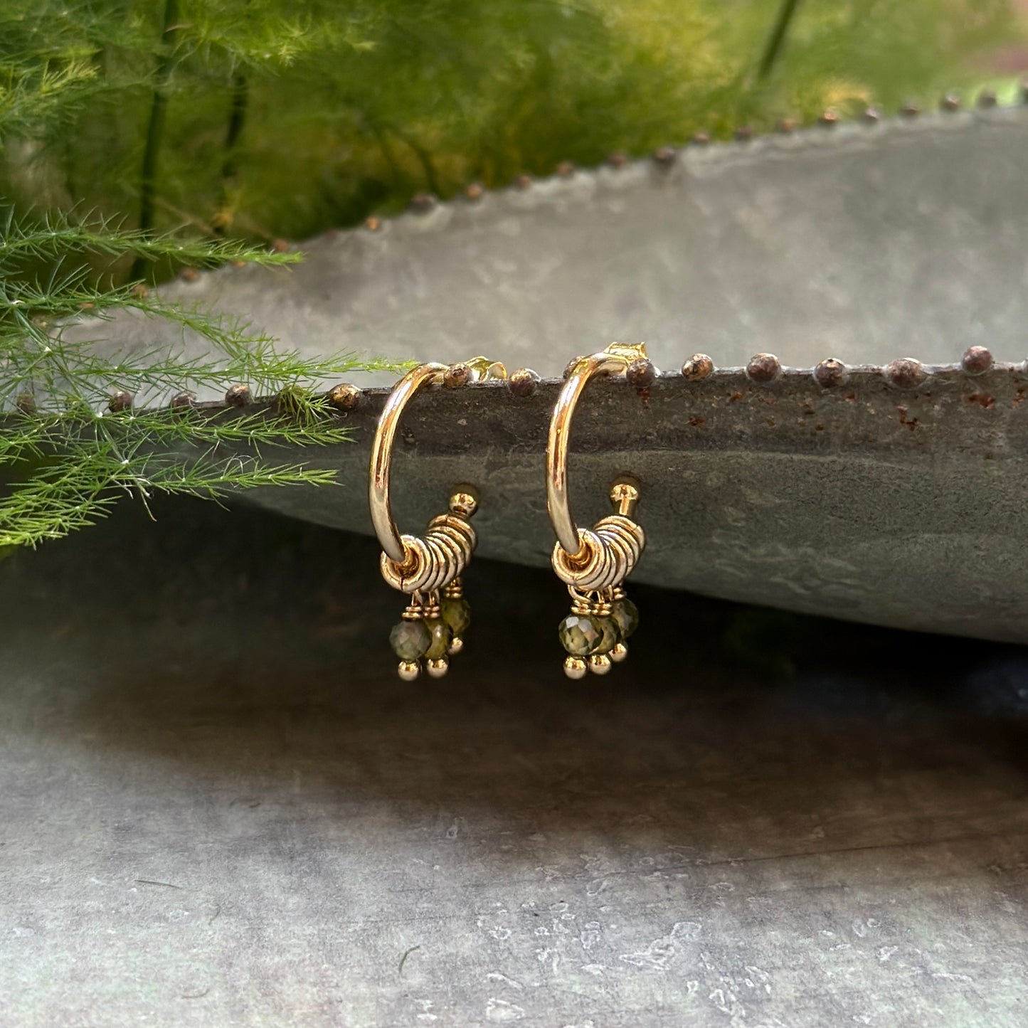 Olive Green Peridot 3-Bead Mini Hoop Earrings