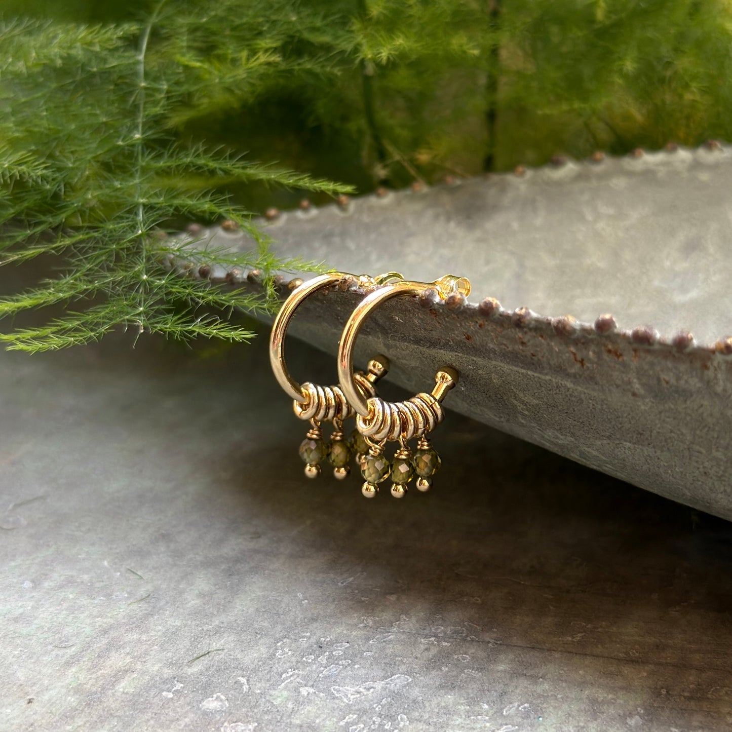 Olive Green Peridot 3-Bead Mini Hoop Earrings